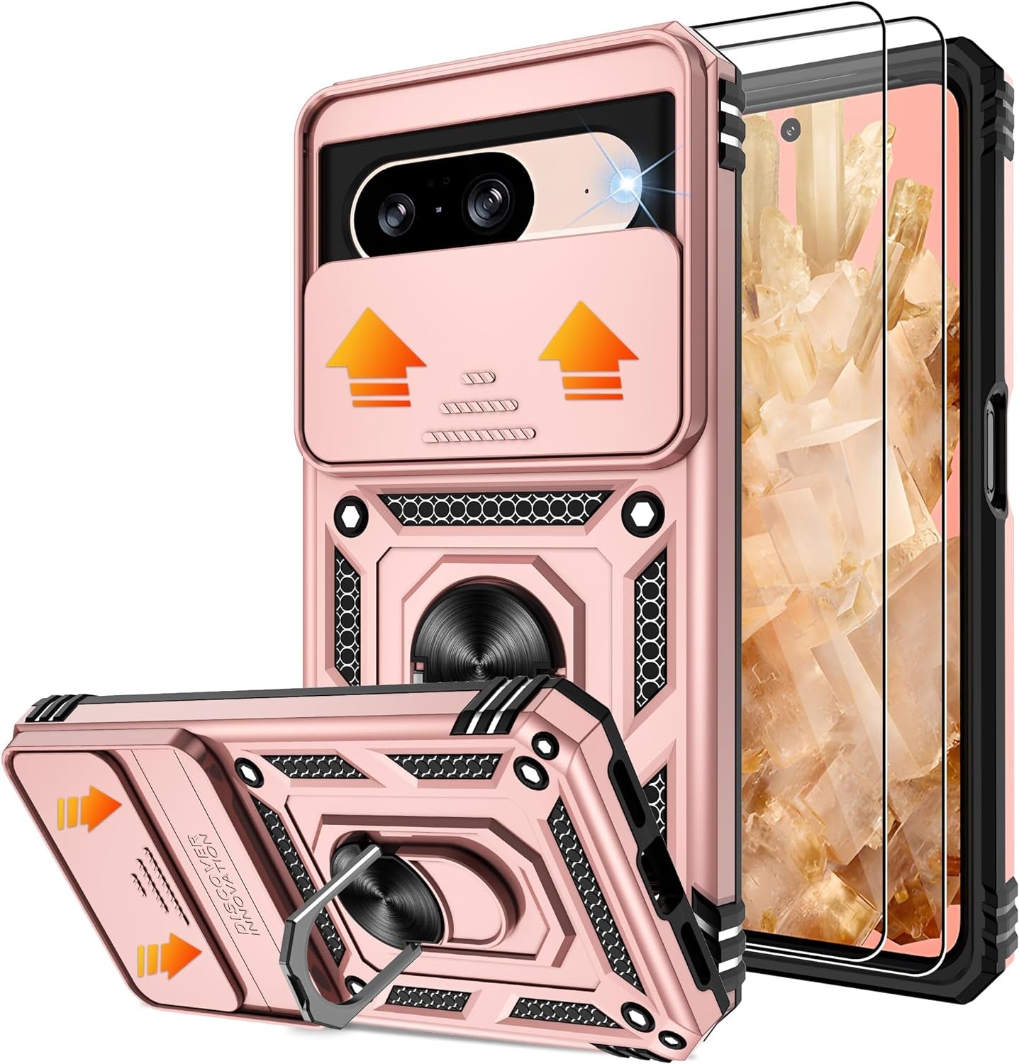 Fit for Google Pixel 8 5G Case with Screen Protector (2 Pack) & Slide Camera Cover, Build in 360° Magnetic Rotating Ring Kickstand [Military Grade] Protective Case for Pixel 8 Case, Green  Gritup Rose Gold Google Pixel 8 6.2" 