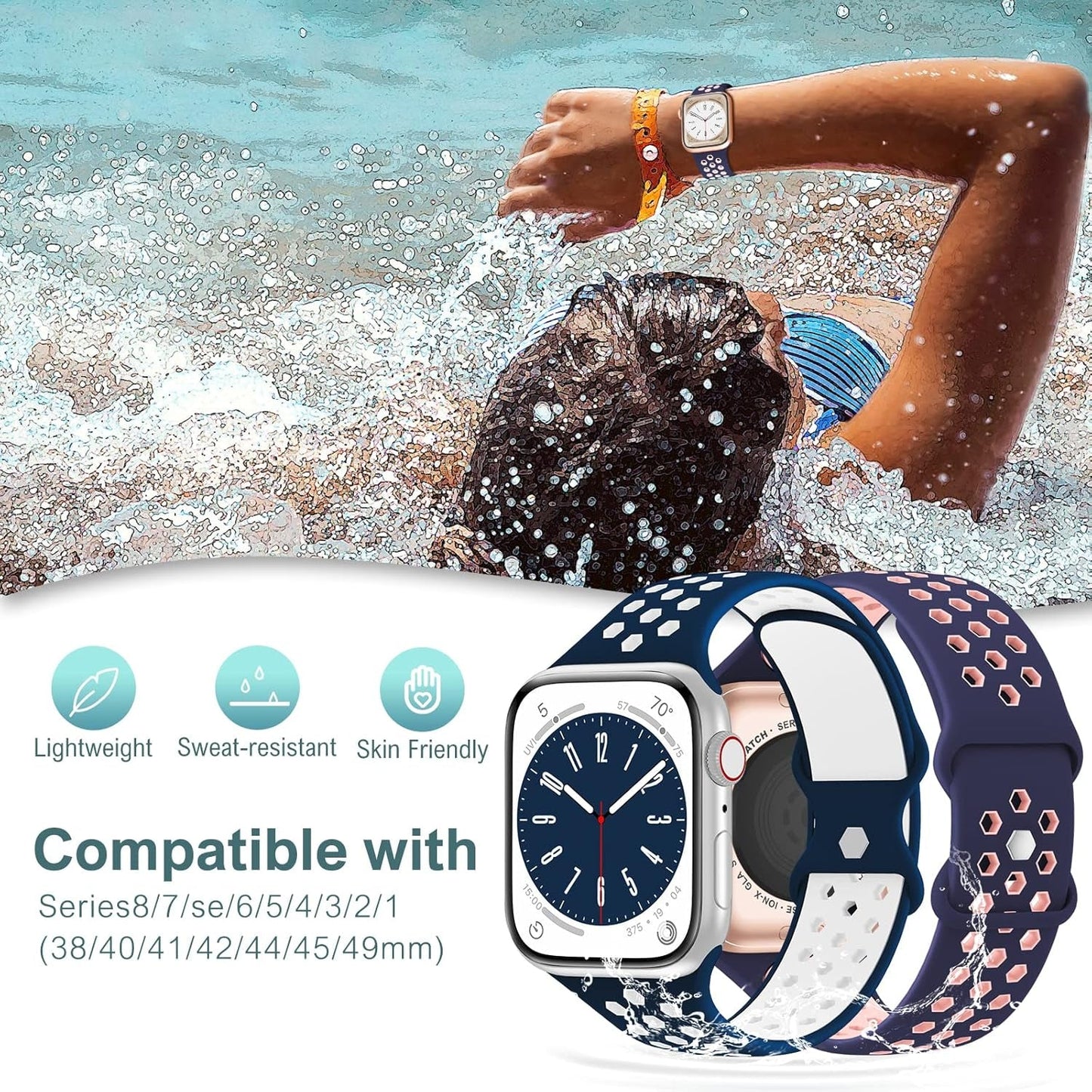 Aopigavi 6 Pack Breathable Sport Bands Compatible with Apple Watch Band 38Mm 40Mm 41Mm 42Mm 44Mm 45Mm 49Mm for Women Men, Soft Silicone Strap Wristband for Iwatch SE Series Ultra 9/8/7/6/5/4/3/2/1 Band