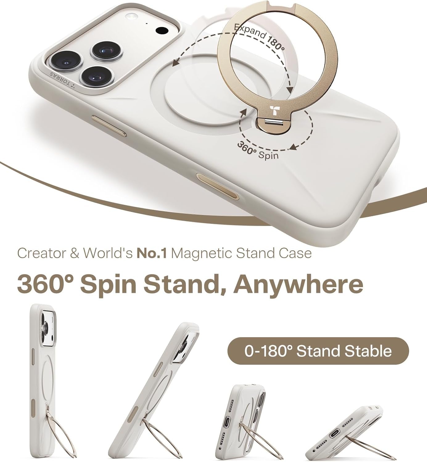 TORRAS Ostand Q3 Silicone for Iphone 17 Pro Max Case, Fit for Magsafe, 360 Spin Stand, Soft Liquid Silicone Cozy Grip, Camera Control, Protective Case for Iphone 17 Pro Max for Women, Ivory Gold
