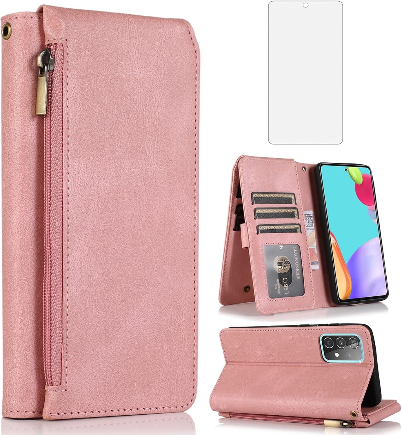 Asuwish Compatible with Samsung Galaxy A53 5G Wallet Case Tempered Glass Screen Protector Zipper Leather Flip Cover Card Holder Stand for Cell Accessories A53 G5 53A SM A536U 6.5" 2022 Women Rose Gold