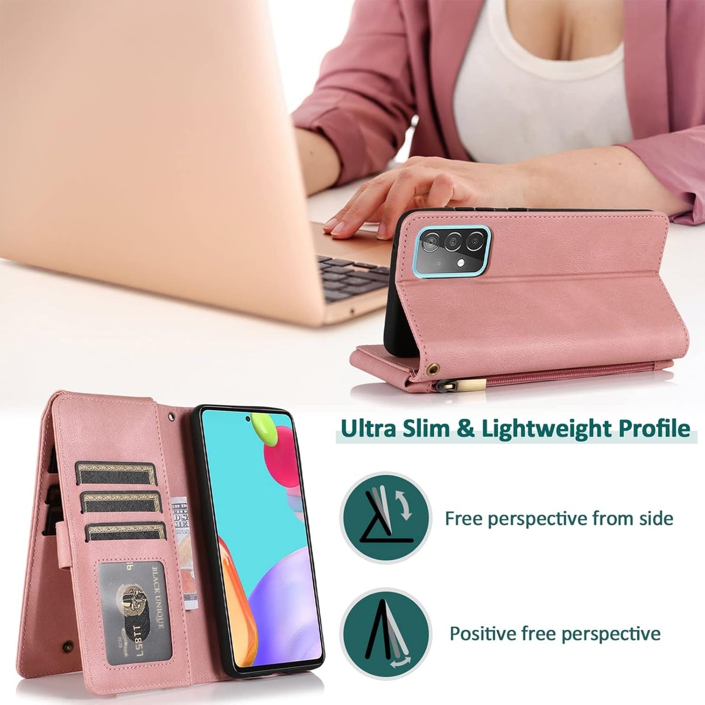 Asuwish Compatible with Samsung Galaxy A53 5G Wallet Case Tempered Glass Screen Protector Zipper Leather Flip Cover Card Holder Stand for Cell Accessories A53 G5 53A SM A536U 6.5" 2022 Women Rose Gold