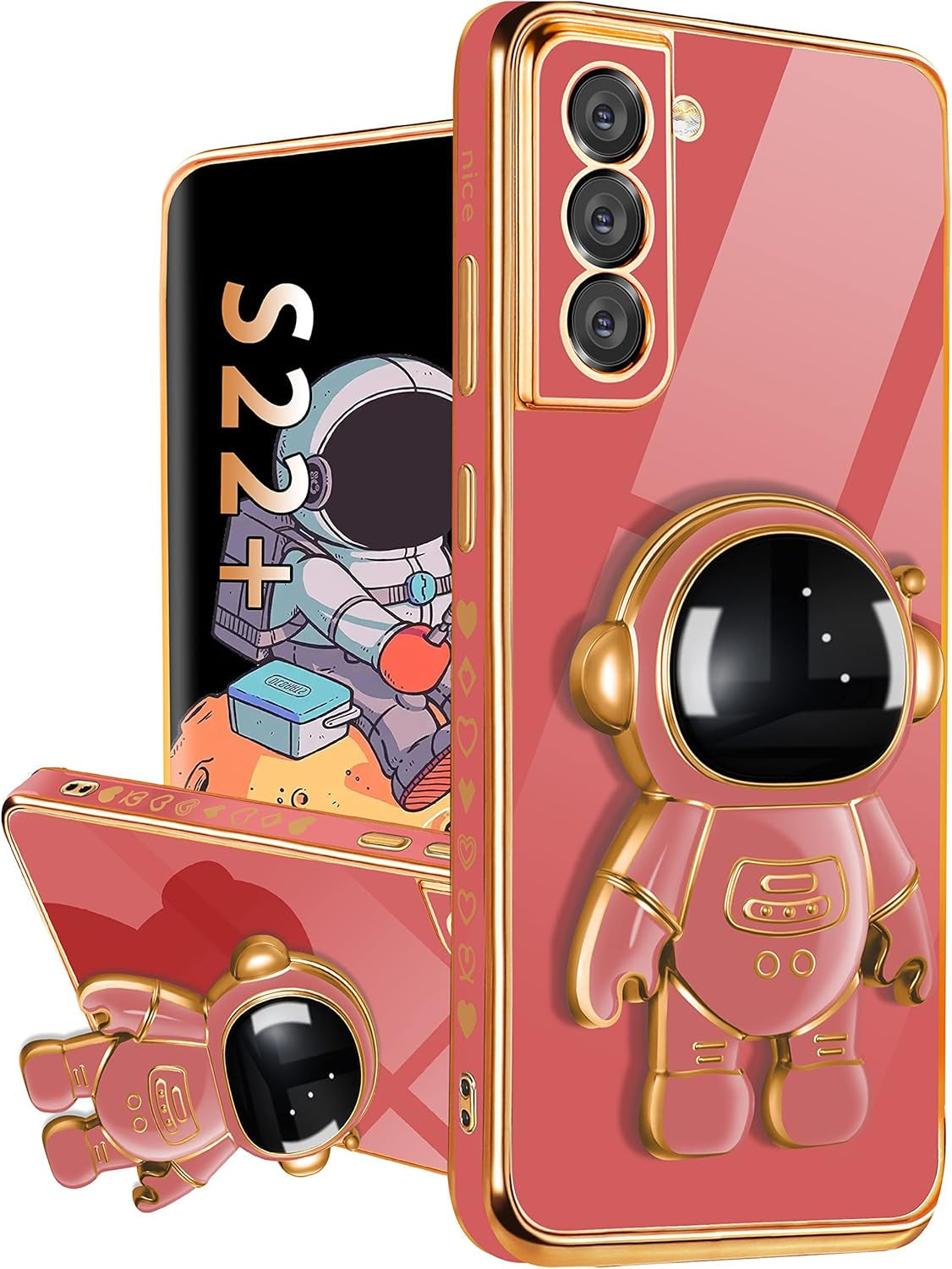 Buleens for Samsung Galaxy S22 plus Case with Astronaut Stand, Women Girls for Galaxy S22 plus Cases, Girly Cute 6D Outer Space Heart Pattern Phone Cover for S22 plus 6.6 Inch Black