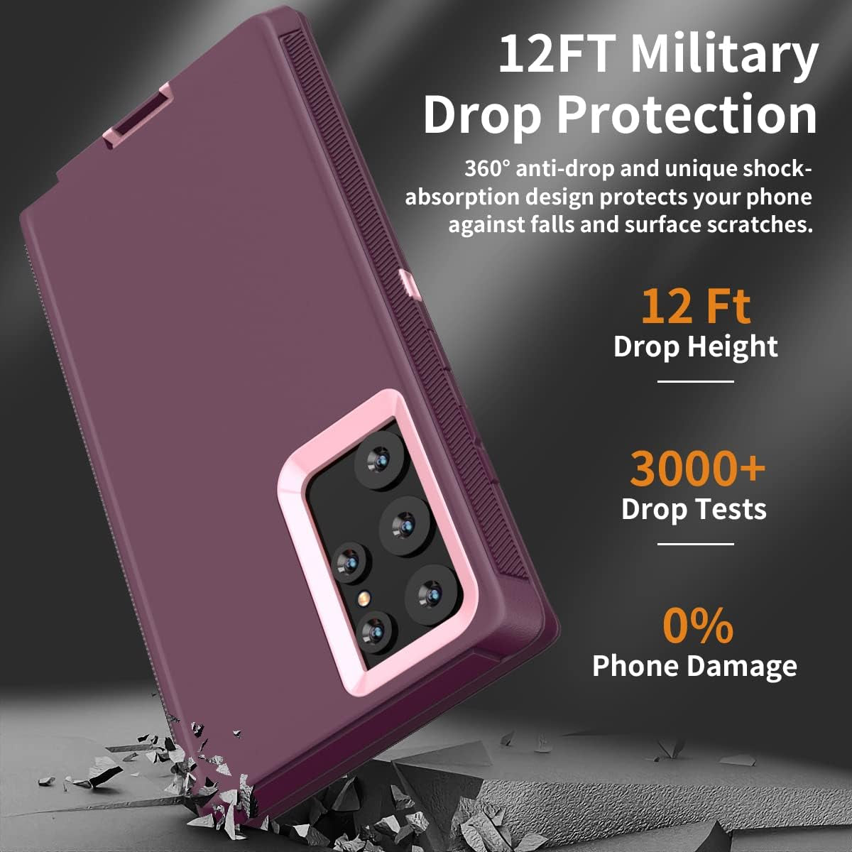 FEIYAR HOME Case for Samsung Galaxy S22 Ultra Case, with Tempered Glass Camera Lens Protector, Rugged Heavy Duty Case for Galaxy S22 Ultra, Wine Pink