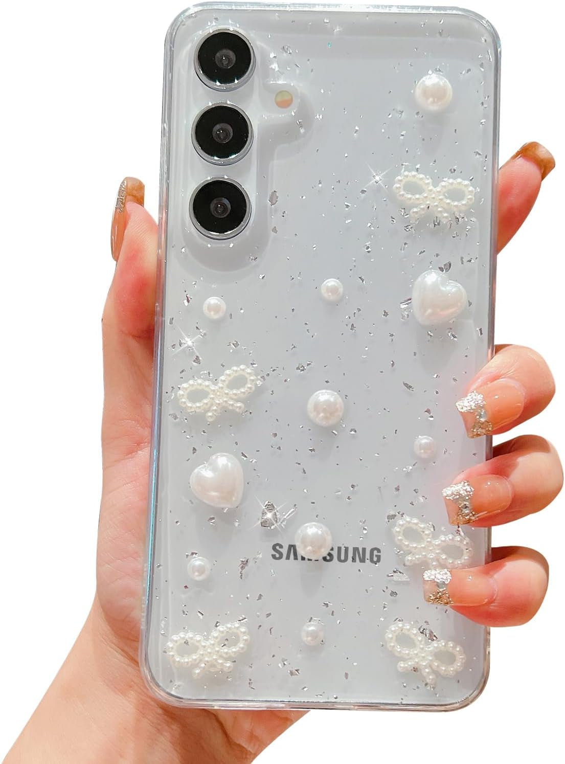 For Samsung Galaxy S21 Ultra Clear Case Cute 3D Pearl Bow Knots Heart with Design Aesthetic Women Phone Case for Girls, Glitter Sparkle Back Shockproof Soft TPU Bumper Cover
