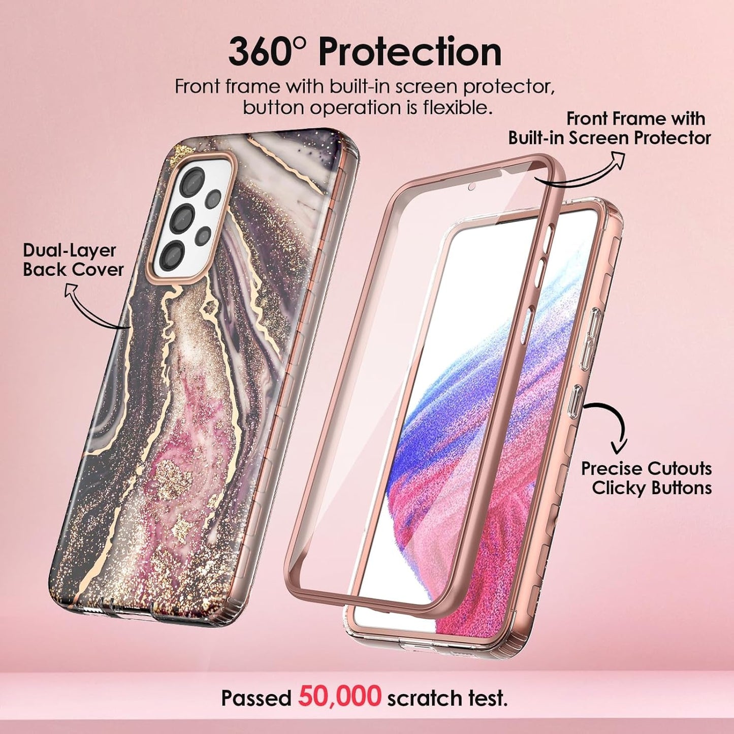 Case Compatible with Samsung Galaxy A53 5G (2022 Released), Marble Stylish Slim Soft TPU, Full Body Protective with Built-In Screen Protector, Shockproof Cover for A53, Black & Pink