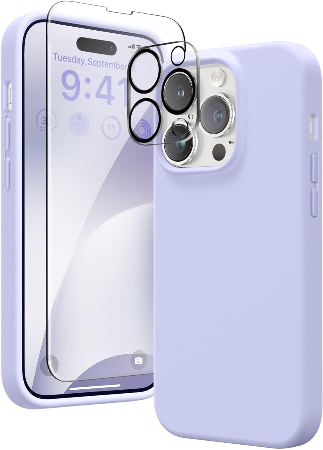 GONEZ for Iphone 14 Pro Case, with 2 Pack Screen Protector + 2 Pack Camera Lens Protector, Soft Anti-Scratch Microfiber Lining, Shockproof Protective Liquid Silicone Phone Cover 6.1'', Blue  GONEZ Lilac Iphone 14 Pro 
