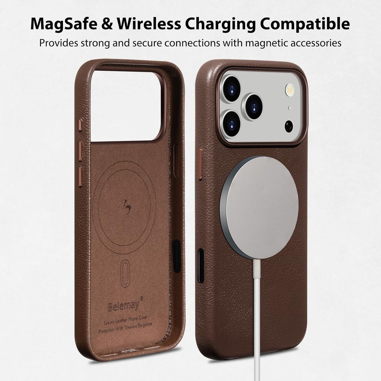 Belemay Handcrafted Premium Tumbled Leather Case for Iphone 17 Pro Max, Compatible with Magsafe, Distinctive Texture, Natural Patina, Camera Control Button, Metal Buttons Phone Cover (6.9"), Brown