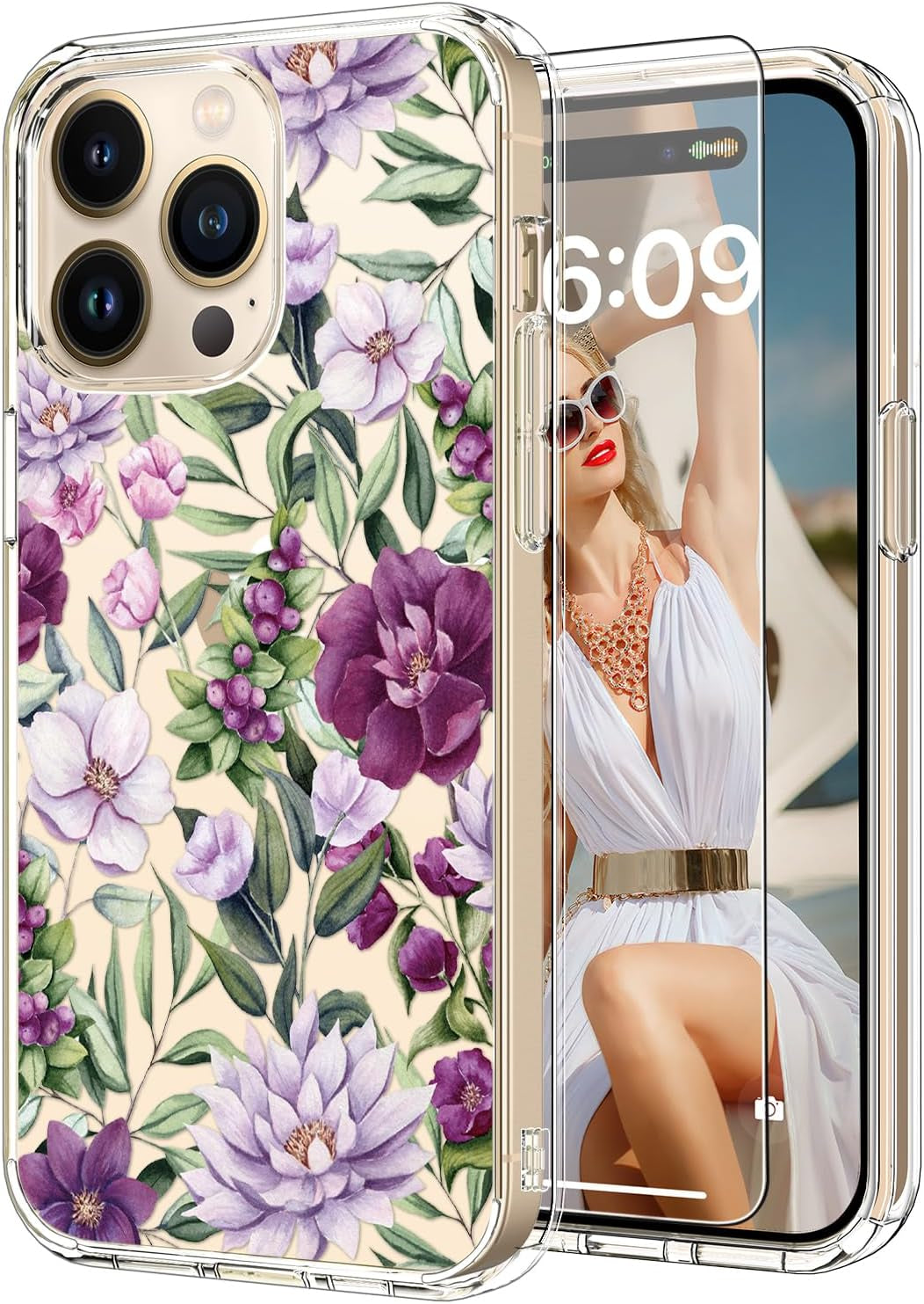 ICEDIO for Iphone 15 Pro Case with Screen Protector-Clear with Fashionable Trendy Patterns-Designed for Girls Women-Slim Fit Cover-Protective Phone Case 6.1" Cute Blooming Pink Floral  ICEDIO Pink Purple Flowers  