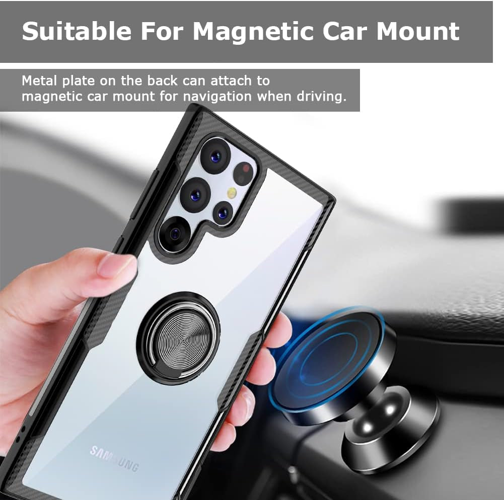 Galaxy S22 Ultra Case with 9H Tempered Glass Camera Screen Protector, Carbon Fiber Design Crystal Clear Cover with Rotation Ring Kickstand [Work with Magnetic Car Mount] for Samsung Galaxy S22 Ultra