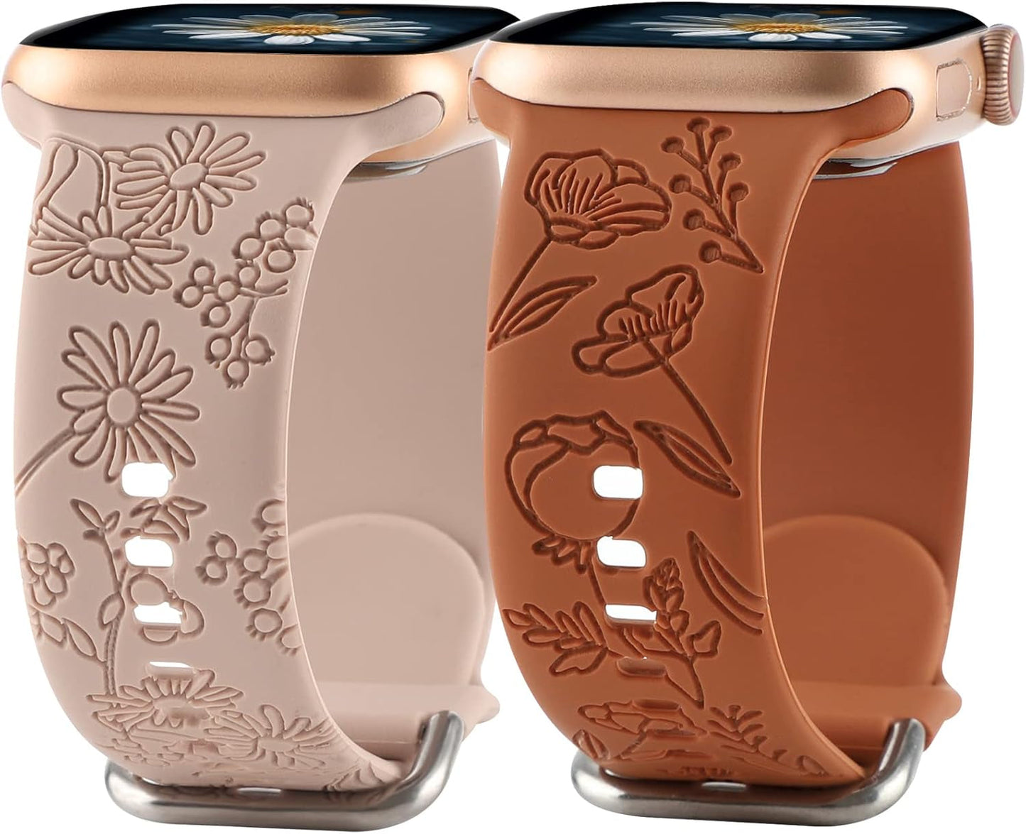 2 Pack Floral Engraved Band Compatible with Apple Watch Bands 38Mm 40Mm 41Mm for Women, Cute Wildflowers Design Soft Silicone Sport Strap Replacement Wristbands for Iwatch Series 9/8/7/SE/6/5/4/3/2/1