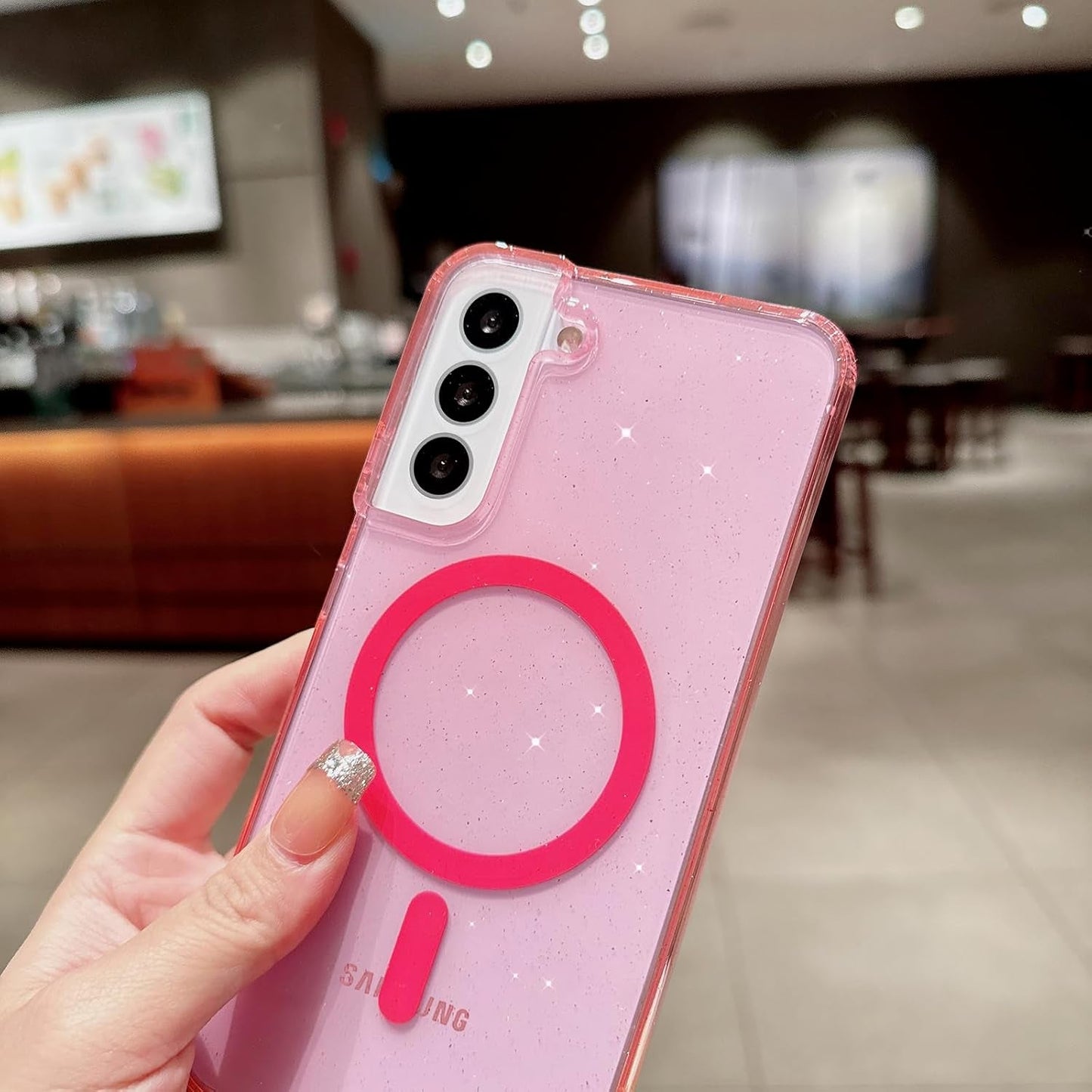 For Samsung Galaxy S22 plus Case Magnetic, Compatible with Magsafe, Clear Glitter Bling Sparkly Case for Women Anti-Yellowing Protective Hard Back Cover for Galaxy S22 plus 6.6" (Clear)