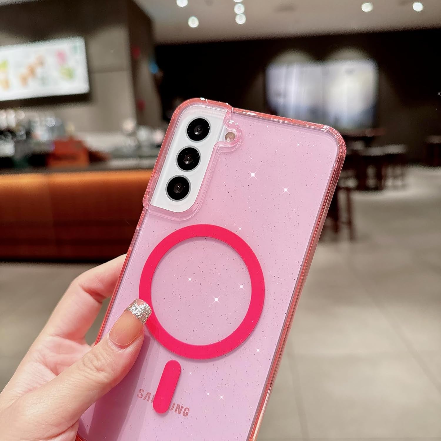 For Samsung Galaxy S22 plus Case Magnetic, Compatible with Magsafe, Clear Glitter Bling Sparkly Case for Women Anti-Yellowing Protective Hard Back Cover for Galaxy S22 plus 6.6" (Clear)