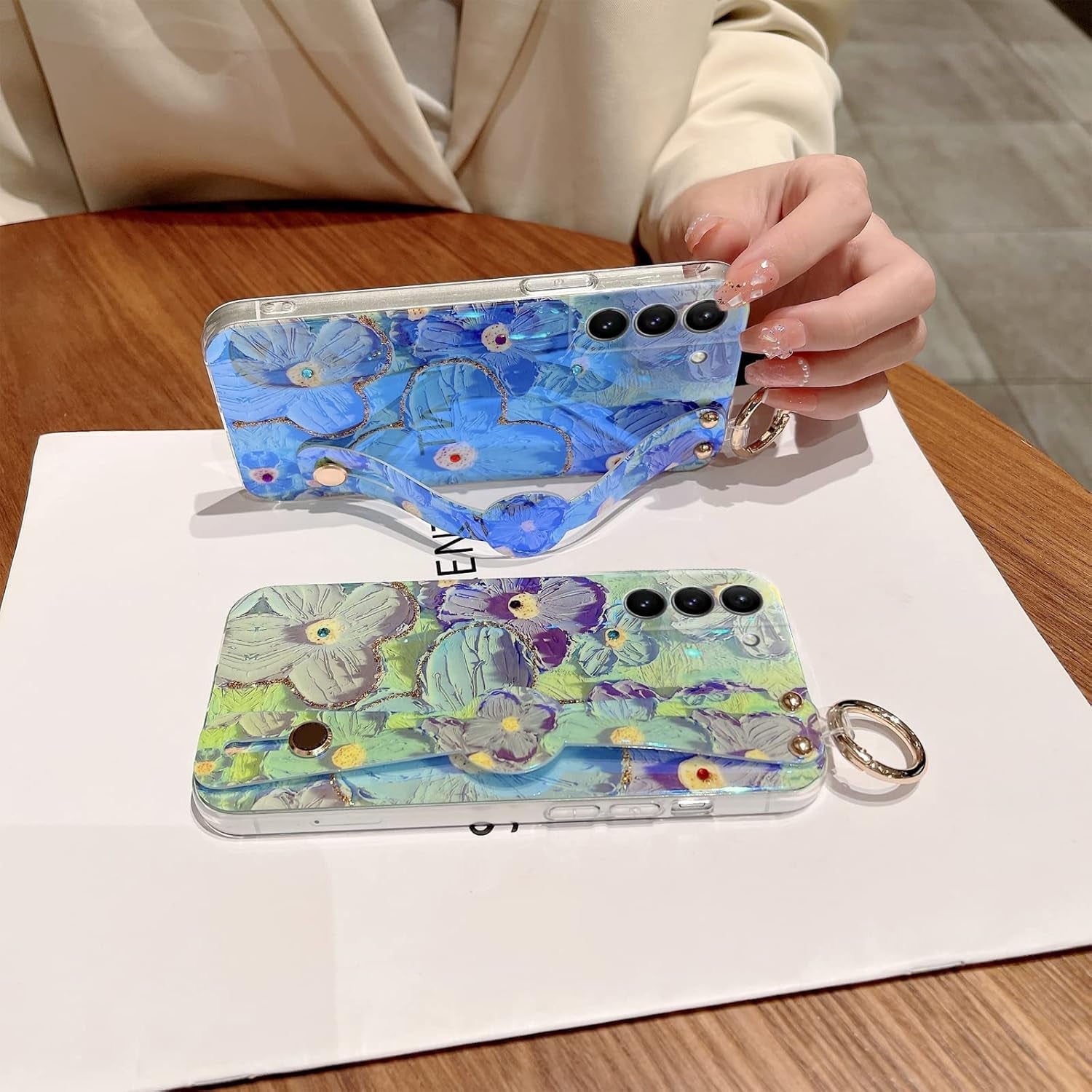 For S22 Phone Case, Galaxy S22 Case for Elegant Cute Flower Petals with Wrist Band Kickstand Ultra Slim IMD Soft TPU Shockproof Protection Holder Cover for Samsung S22