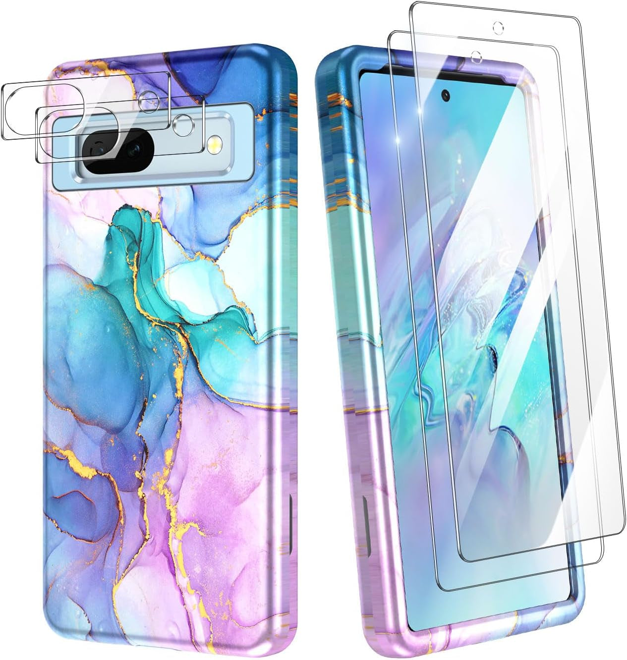 Btscase for Google Pixel 7A Case, [5 in 1] with 2 Pack Screen Protector + 2 Pack Camera Lens Protector, Marble Pattern Full Body Three Layer Rugged Shockproof Protective Cover (2023), Blue Pink  Btscase Blue Pink  