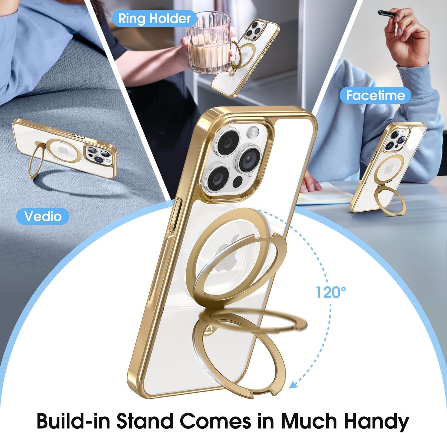 Alphex Titanium Stand for Magsafe Iphone 15 Pro Max Case, Polished Titanium Match for Iphone, 12FT Military Drop Protection, Shockproof Phone Ring Slim Cover 6.7 Inch, Gold  Alphex   