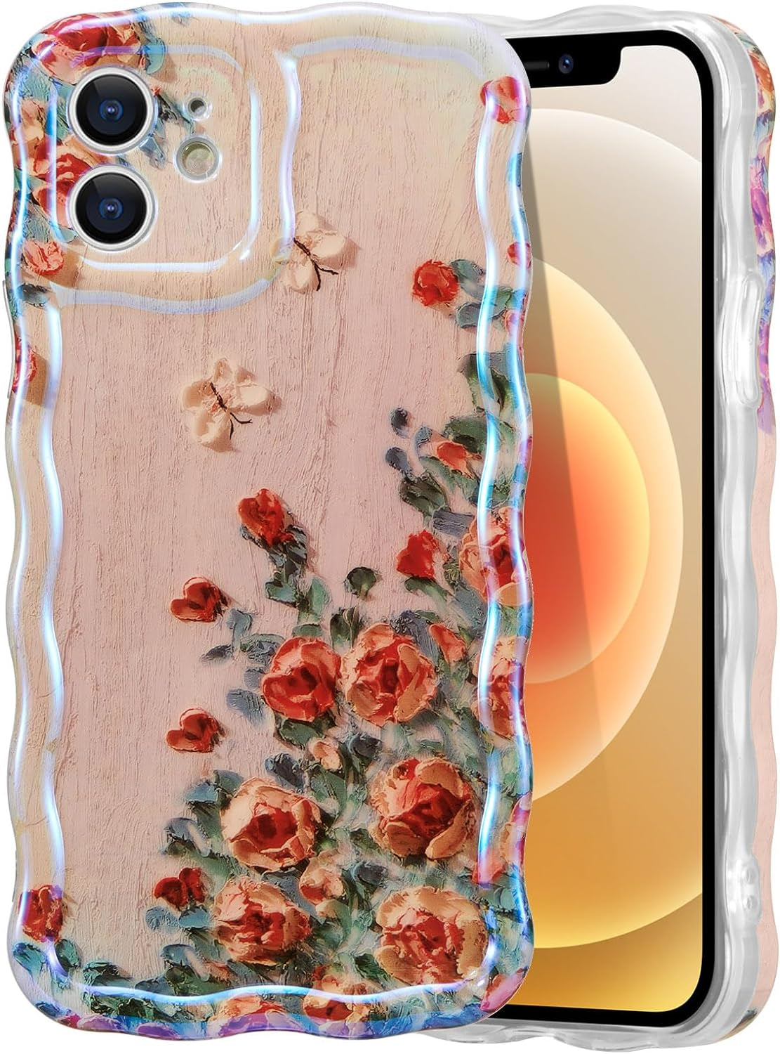 EYZUTAK Case for Iphone 14 Pro, Colorful Retro Oil Painting Flower Leaf Laser Glossy Pattern Cute Curly Wave Edge Exquisite Phone Cover Stylish Durable TPU Protective Case for Girls Women - Blue Green  EYZUTAK   