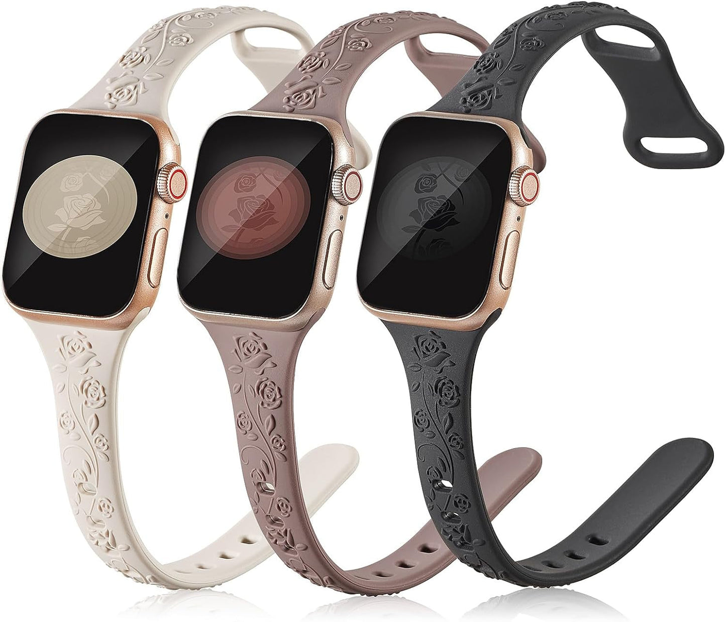 3 Pack Slim Floral Engraved Compatible with Apple Watch Bands 41/40/38/42/44/45/49Mm Women, Thin Narrow Soft Silicone Rose Embossed Sport Strap for Iwatch Series 9/8/7/6/5/4/SE/3/2/1 Ultra 2