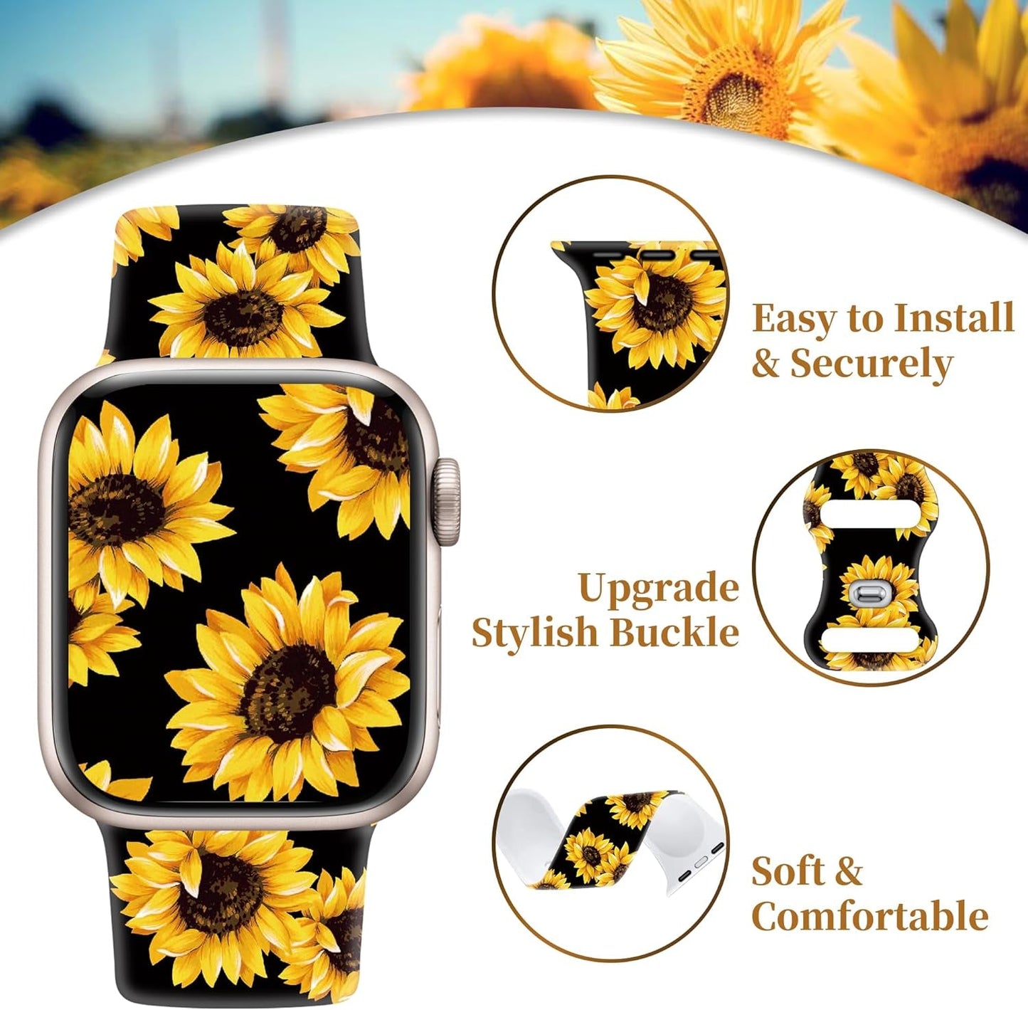 2 Pack Silicone Floral Band for Apple Watch Bands 41Mm 40Mm 38Mm for Women, Cute Flower Printed for Iwatch Bands, Fancy Dressy Soft Sport Strap for Apple Watch Band Series 9 8 7 SE 6 5 4 3