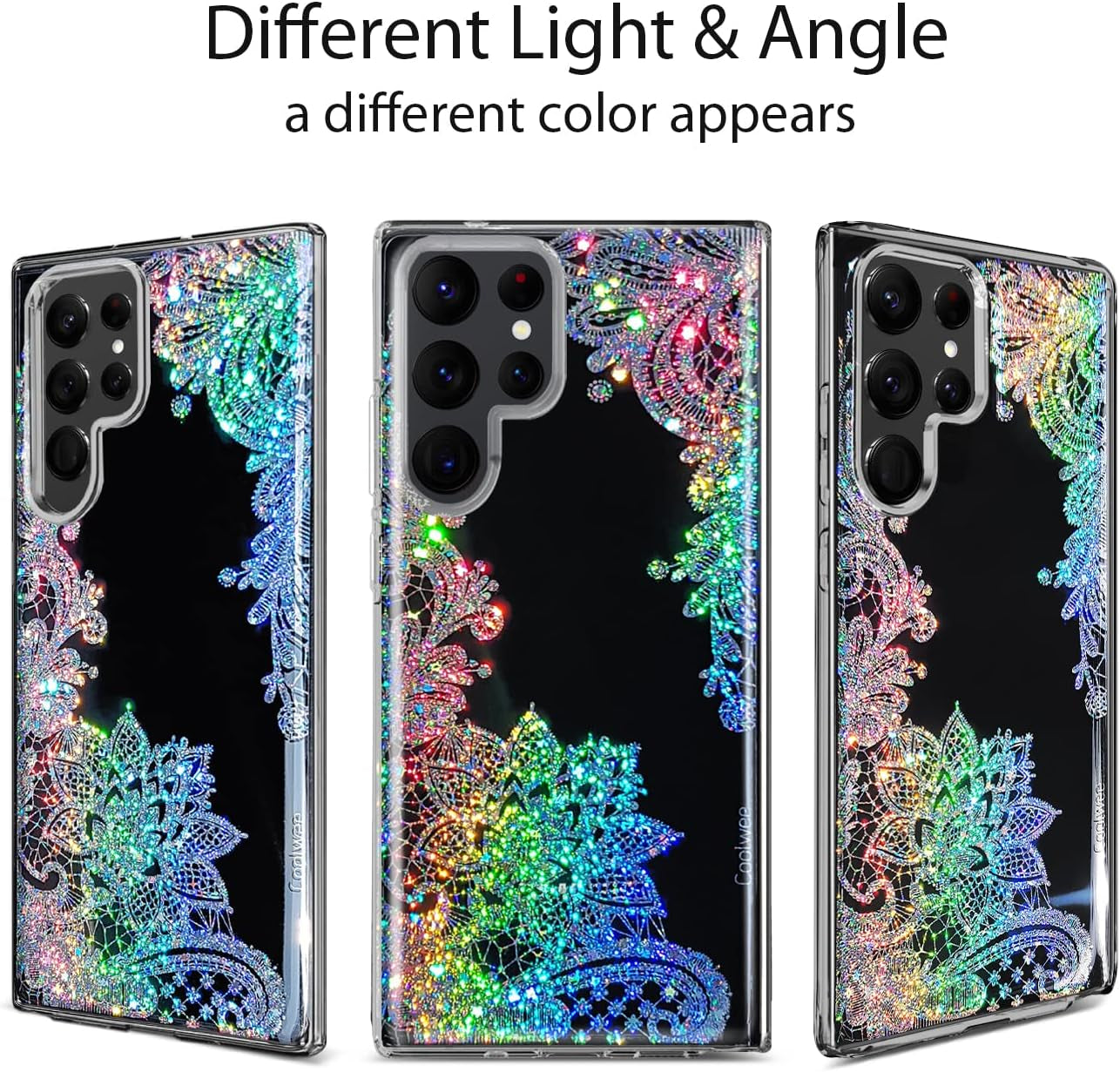 Coolwee Clear Glitter for Galaxy S22 Ultra - 6.8" Thin Flower Slim Cute Crystal Lace Bling Women Girl Floral Plastic Hard Back Soft TPU Bumper Protective Cover for Samsung S22 Ultra Mandala Henna