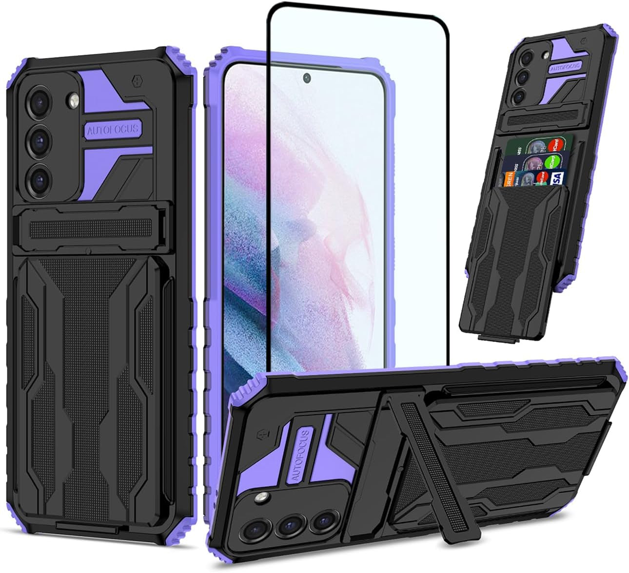 Case for Galaxy S22 plus Case,Samsung S22+ SM-S906U Case with Screen Protector, Wallet Detachable Credit Card Holder Built-In Stand Protective Phone Cover for Samsung Galaxy S22+ 5G Purple