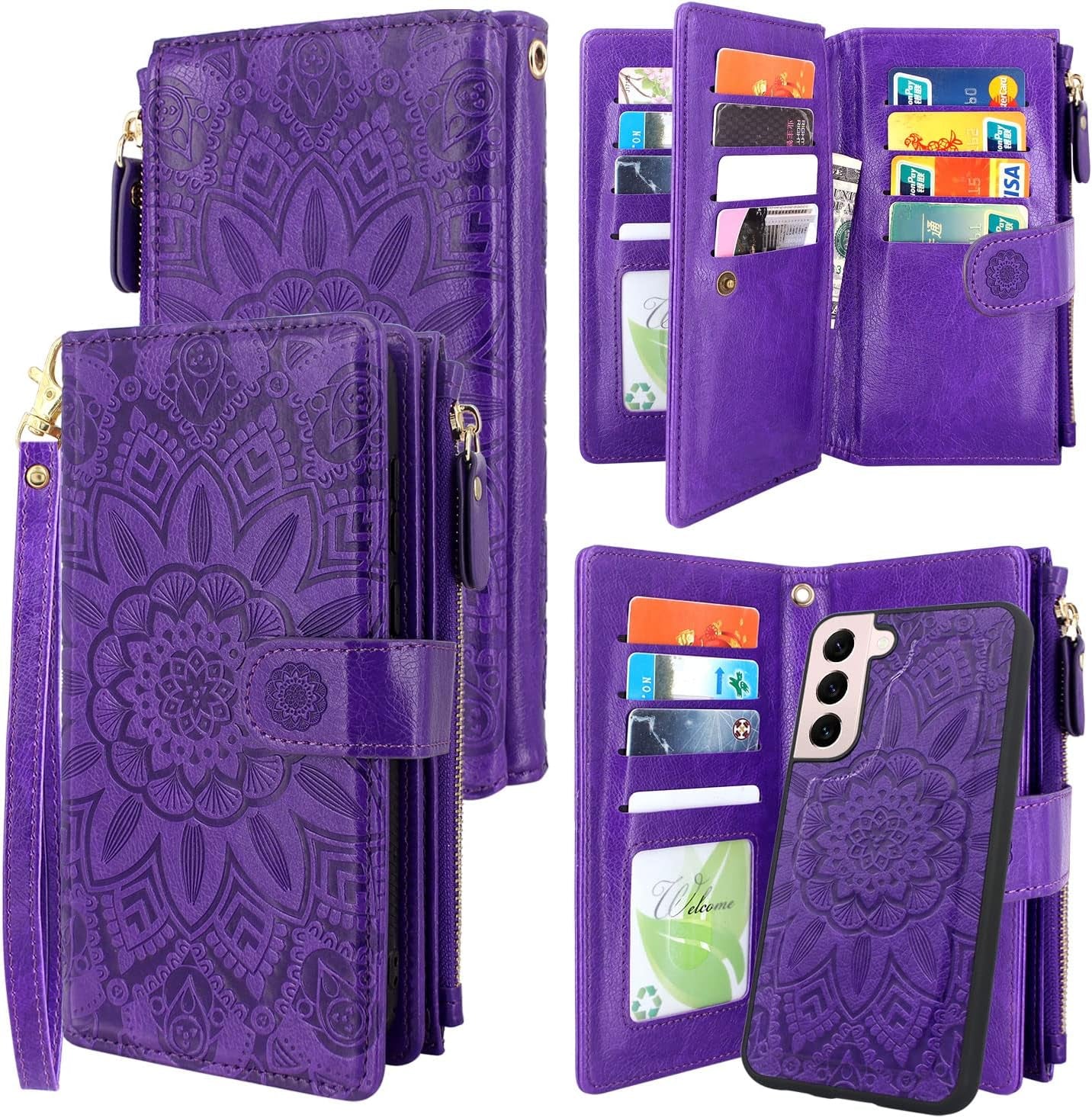 Harryshell Detachable Magnetic Zipper Wallet Leather Case with Cash Coin Pocket 12 Card Slots Holder Wrist Strap Lanyard for Samsung Galaxy S22+ S22 plus 5G 6.6 Inch (2022) Flower (Rose Gold)