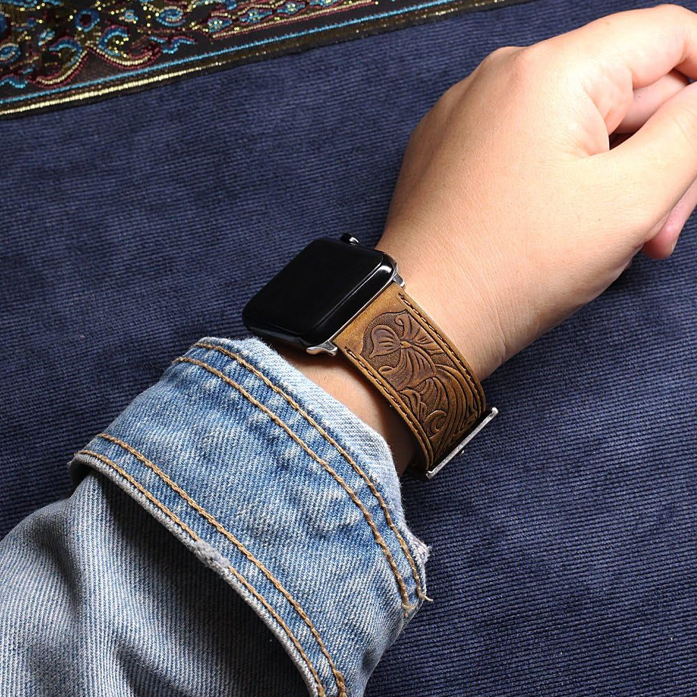 For Apple Watch Band Leather 40Mm 38Mm 44Mm 42Mm, Retro Pattern Leather Classical Replacement Smart Watch Band for Iwatch Men Women Series SE 6 5 4 3 2 1