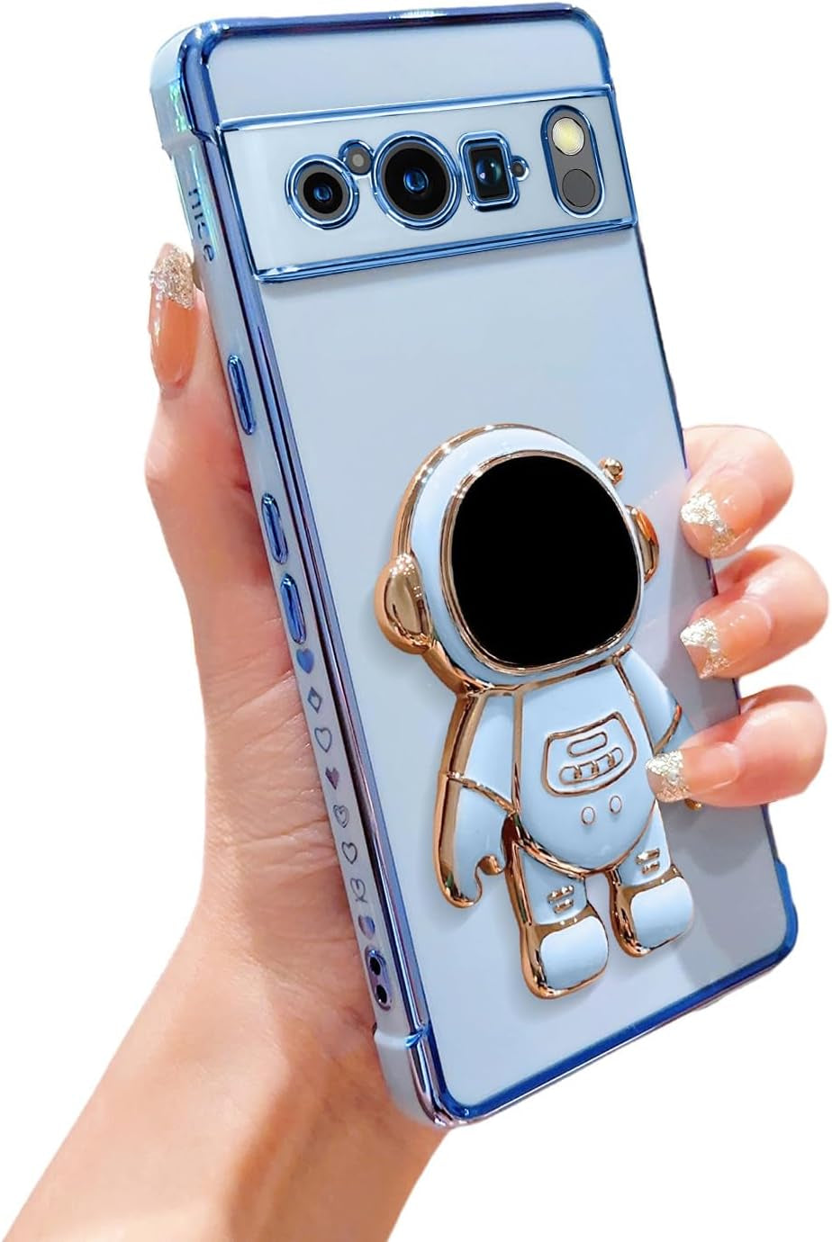 Phylla Phone Case for Google Pixel 8 Pro 6.7” 5G,Luxury Plating Astronaut Stand Holder Phone Case with Cute Love Heart Side Small Pattern Soft Silicone Shockproof Kickstand Cover Bumper (Black)  PHYLLA\1 Blue  