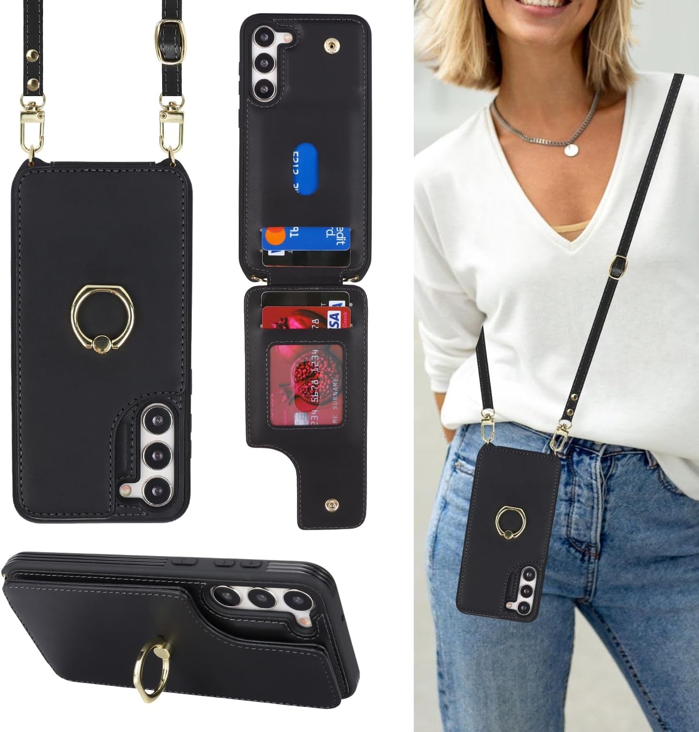 For Samsung Galaxy S22 Ultra Case with Card Holder and Strap for Women,Crossbody Lanyard,Ring Stand,Snap Clasp,Phone Wallet Cases 6.8 Inch(Purple)