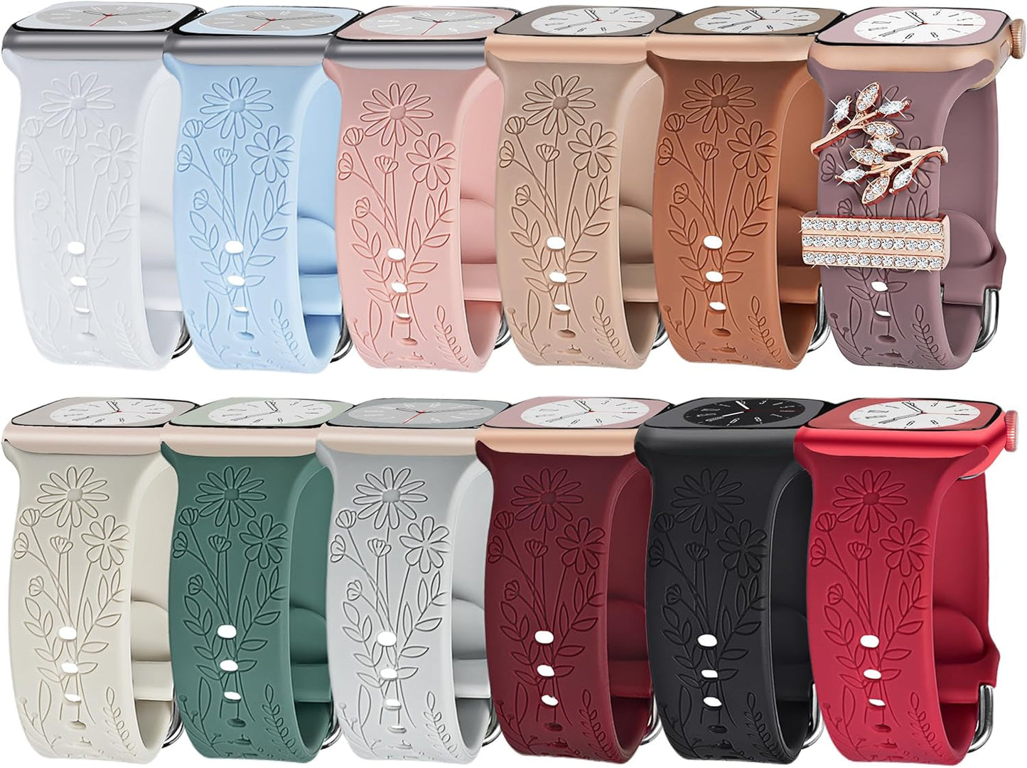 3 Pack Wildflower Engraved Bands Compatible with Apple Watch Band 40Mm 38Mm 41Mm 44Mm 42Mm 45Mm 49Mm Women, Floral Soft Silicone Sport Strap for Iwatch Bands Series SE 9 8 7 6 5 4 3 2 1 Ultra