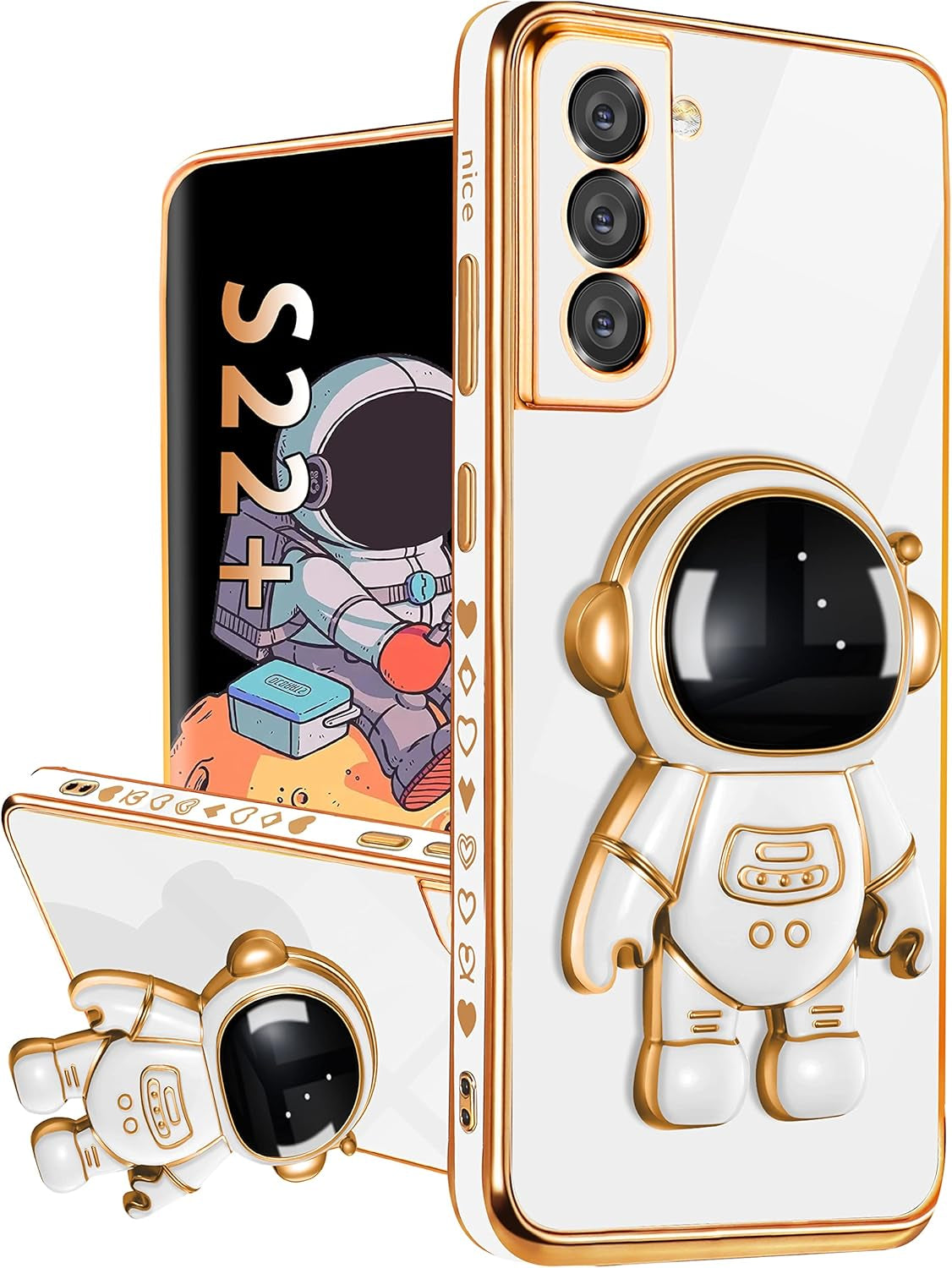 Buleens for Samsung Galaxy S22 plus Case with Astronaut Stand, Women Girls for Galaxy S22 plus Cases, Girly Cute 6D Outer Space Heart Pattern Phone Cover for S22 plus 6.6 Inch Black