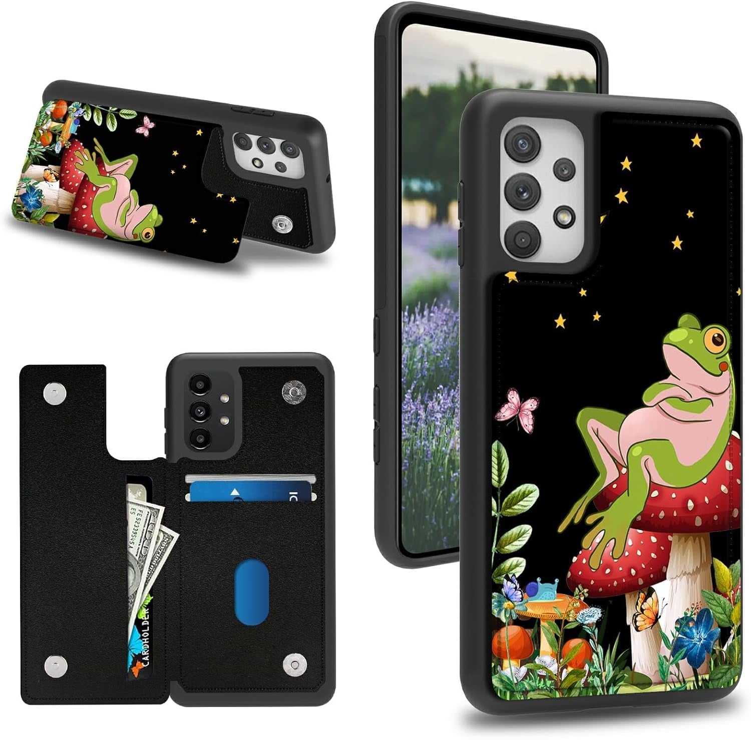 Case for Samsung 53 5G 6.5" Wallet Phone, Credit Card Holder Slots Cover & Hard PC Shockproof Soft Silicone Dual Layer Protection Flip Case for Samsung Galaxy A53 5G 2022, Mushroom Frog