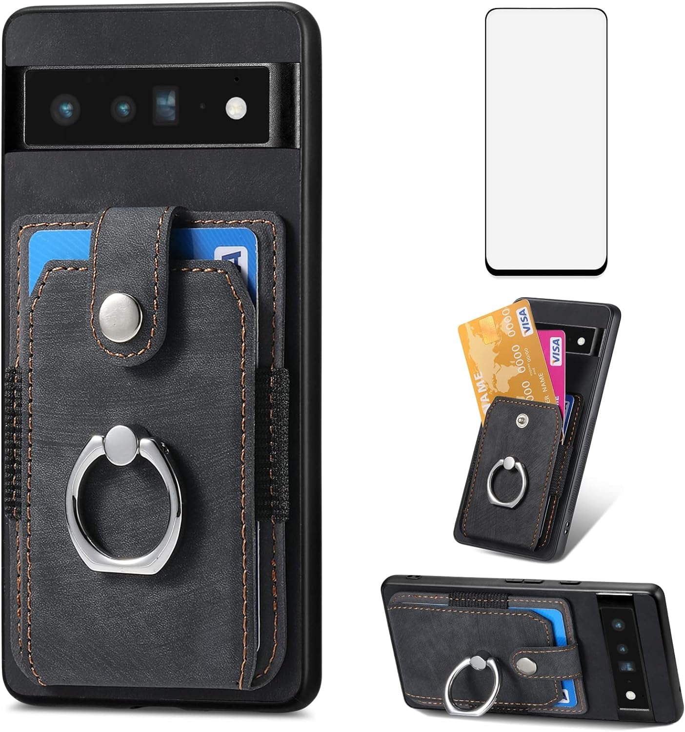Asuwish Phone Case for Google Pixel 6 Pro Wallet Cover with Tempered Glass Screen Protector and Slim Ring Stand Credit Card Holder Leather Cell Pixel6Pro Pixel6 XL 6XL Pixle 6Pro 5G Women Men Black  Asuwish Black For Pixel 6 Pro 