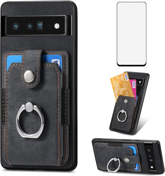 Asuwish Phone Case for Google Pixel 6 Pro Wallet Cover with Tempered Glass Screen Protector and Slim Ring Stand Credit Card Holder Leather Cell Pixel6Pro Pixel6 XL 6XL Pixle 6Pro 5G Women Men Black  Asuwish Black For Pixel 6 Pro 