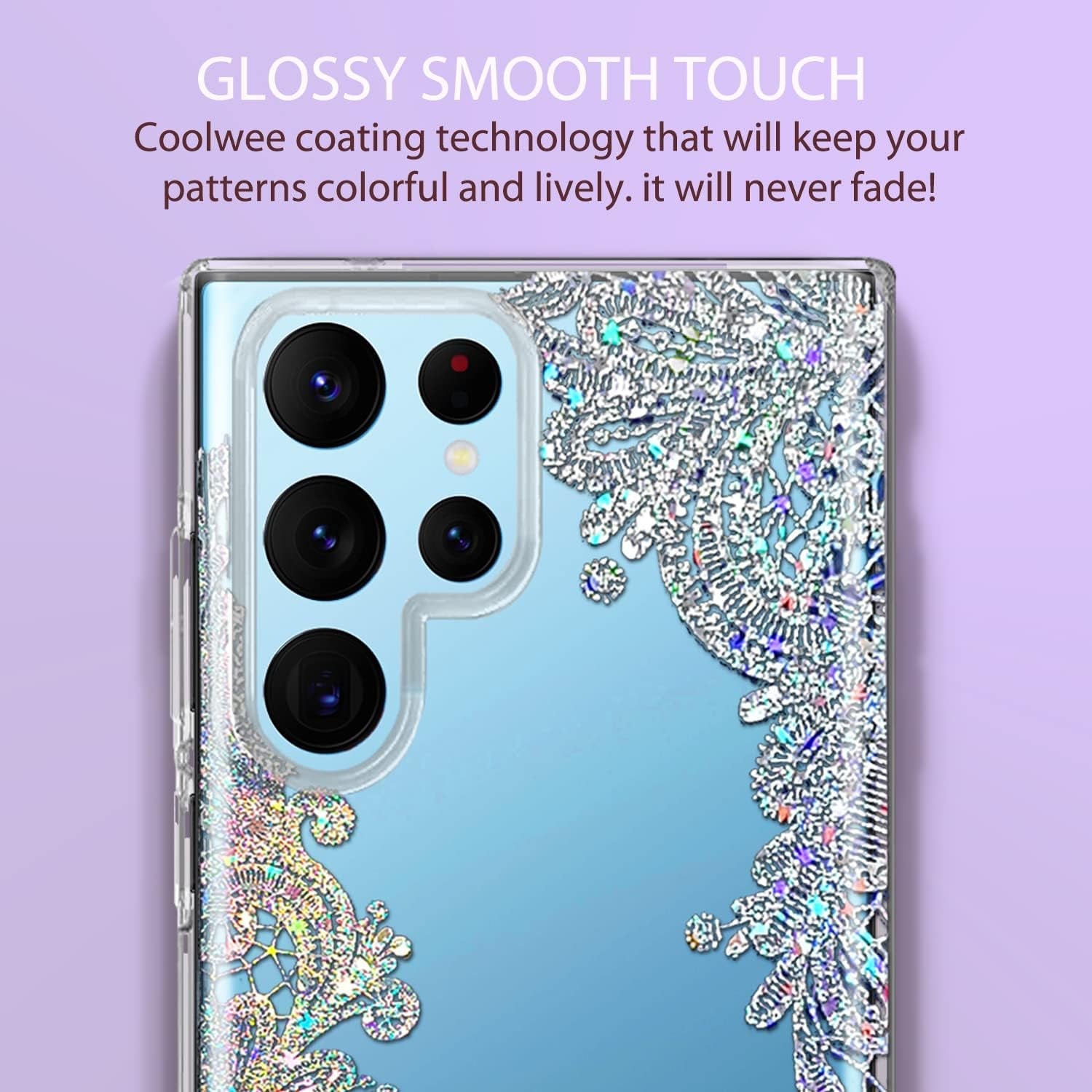 Coolwee Clear Glitter for Galaxy S22 Ultra - 6.8" Thin Flower Slim Cute Crystal Lace Bling Women Girl Floral Plastic Hard Back Soft TPU Bumper Protective Cover for Samsung S22 Ultra Mandala Henna