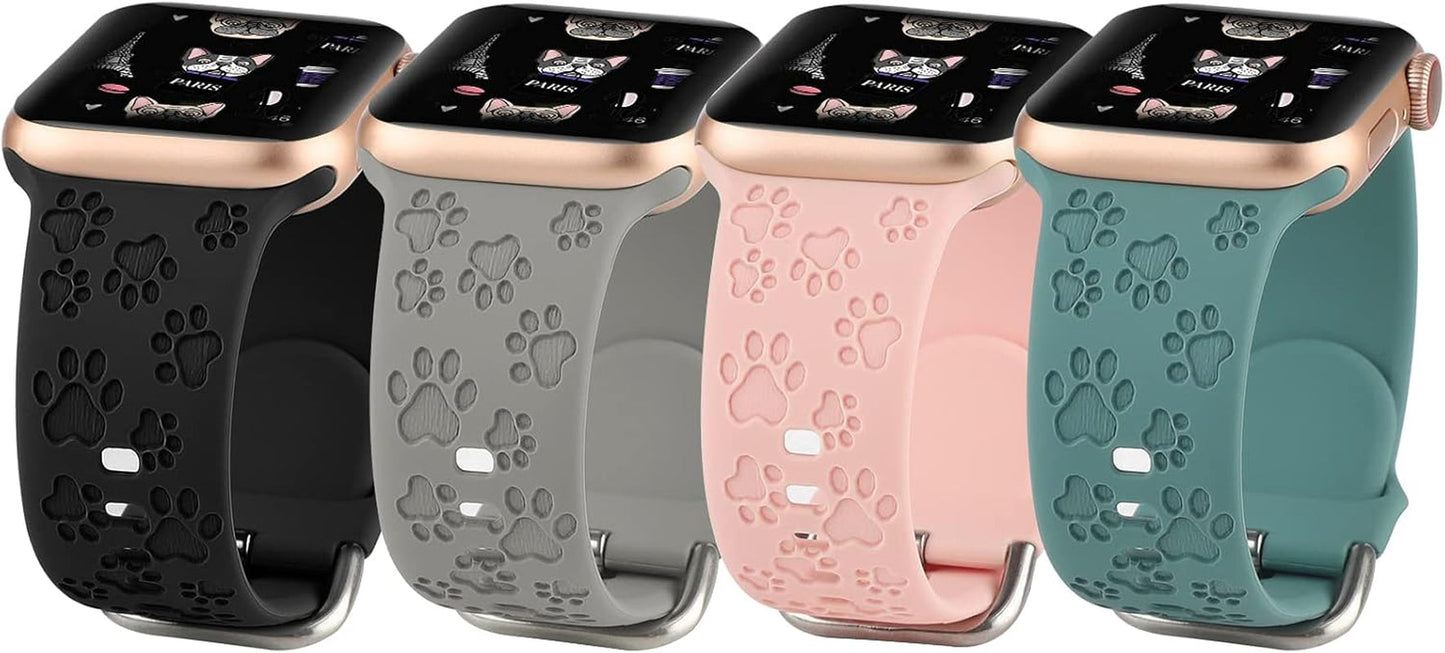 4 Pack Dog Paw Engraved Strap Compatible with Apple Watch Bands 38Mm 40Mm 41Mm 42Mm 44Mm 45Mm, Cute Animal Print Laser Soft Silicone Sport Accessories for Iwatch Series 9 8 7 6 5 4 3 2 1 SE