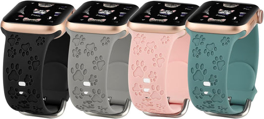 4 Pack Dog Paw Engraved Strap Compatible with Apple Watch Bands 38Mm 40Mm 41Mm 42Mm 44Mm 45Mm, Cute Animal Print Laser Soft Silicone Sport Accessories for Iwatch Series 9 8 7 6 5 4 3 2 1 SE