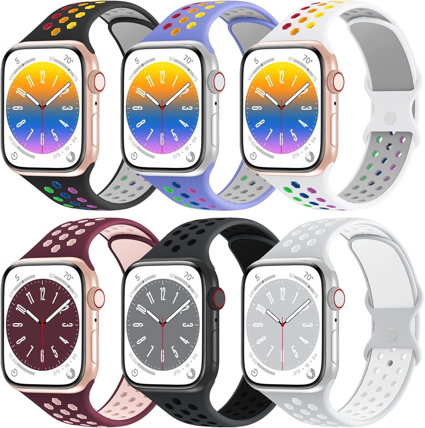 Aopigavi 6 Pack Breathable Sport Bands Compatible with Apple Watch Band 38Mm 40Mm 41Mm 42Mm 44Mm 45Mm 49Mm for Women Men, Soft Silicone Strap Wristband for Iwatch SE Series Ultra 9/8/7/6/5/4/3/2/1 Band