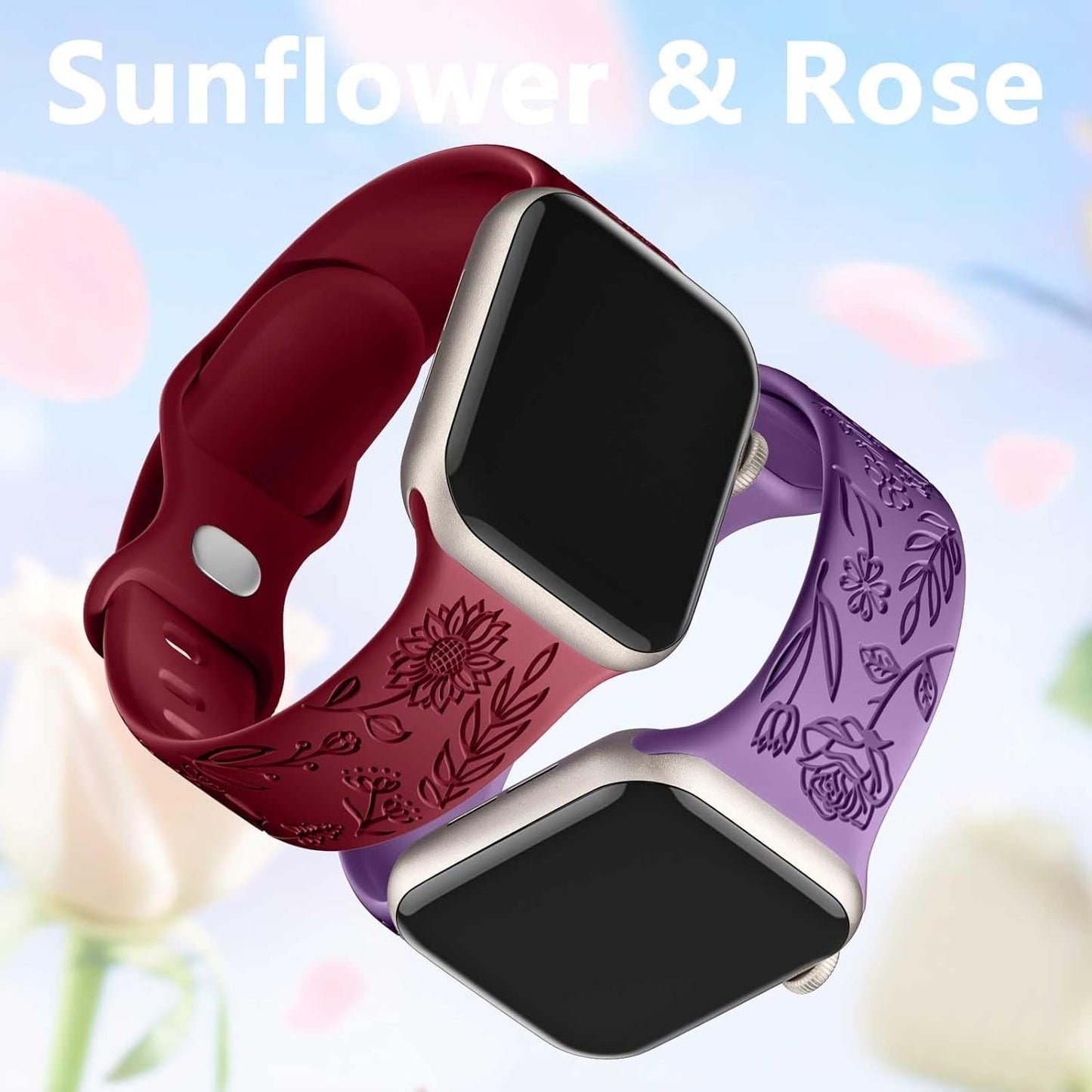 6 Pack Floral Engraved Bands Compatible with Apple Watch Band 44Mm 40Mm 38Mm 41Mm 45Mm 49Mm 42Mm Women, Soft Silicone Cute Flower Pattern Sport Strap for Iwatch Bands Series Ultra Ultra 2 SE 9 8 7 6 5 4 3 2 1