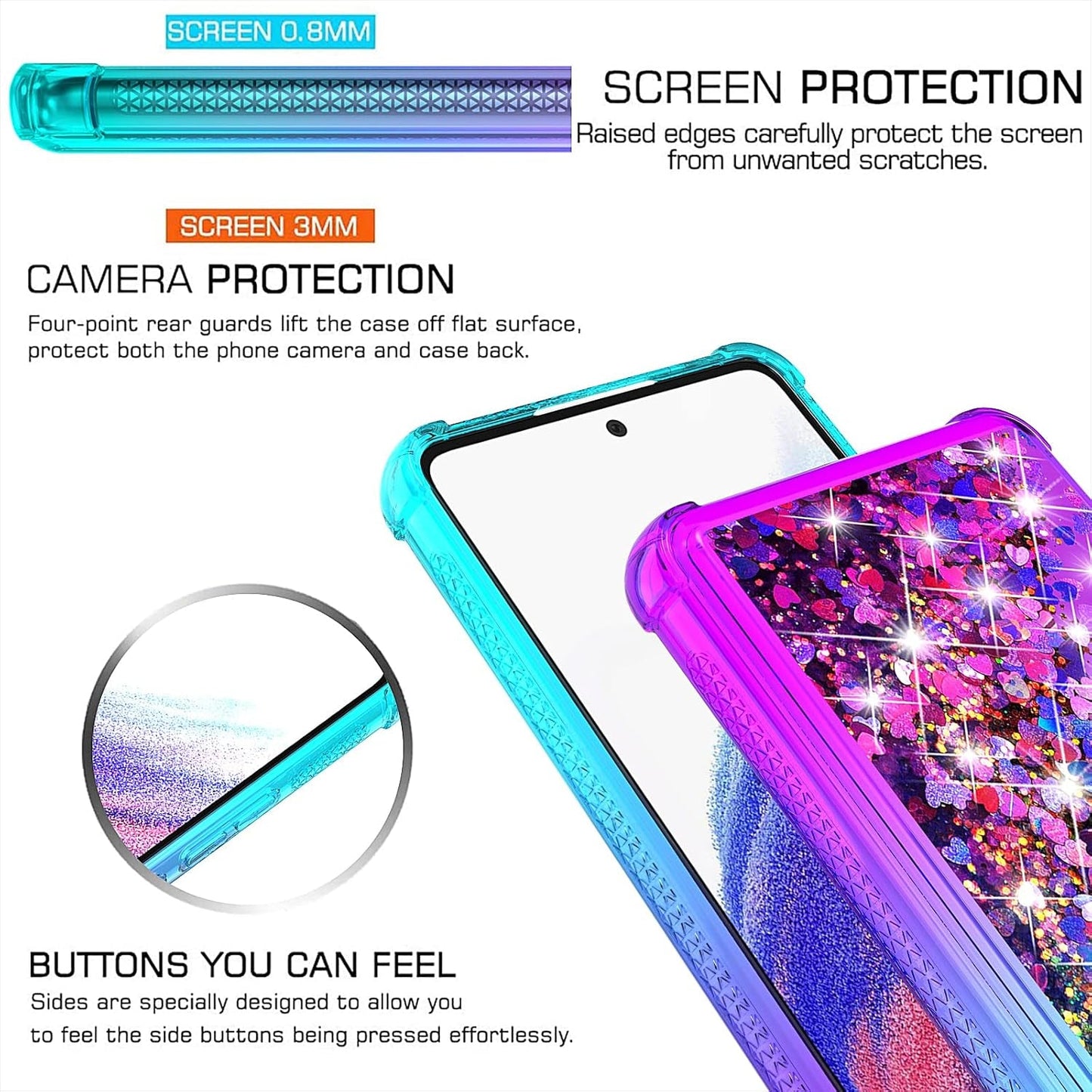 For Galaxy A53 Case,Samsung A53 5G Case with HD Screen Protector,Gradient Quicksand Glitter Liquid Floating Waterfall Durable Girls Cute Phone Case for Samsung Galaxy A53 5G (Teal/Purple)