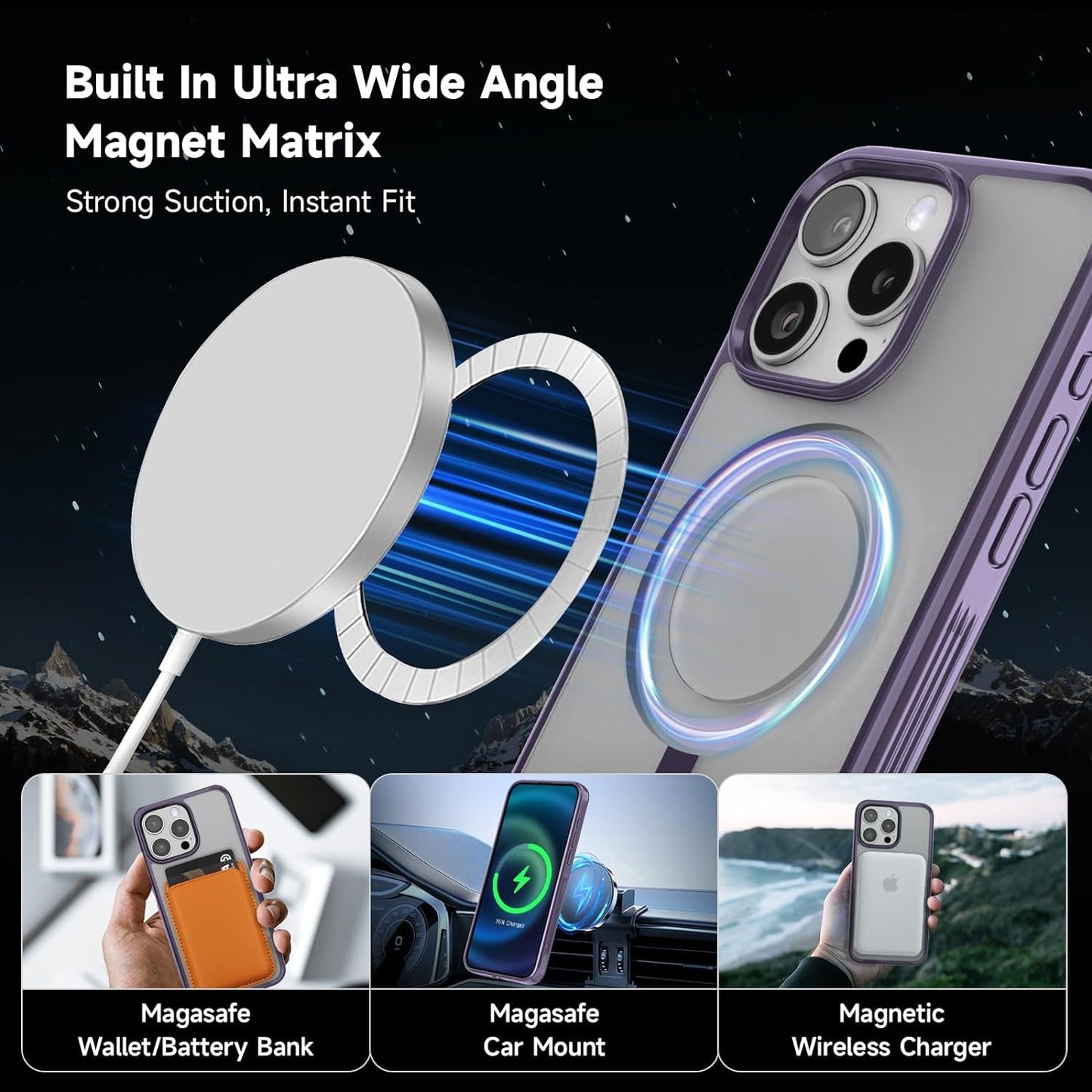 Magnetic for Iphone 15 Pro Max Case Purple with 360° Rotatable Invisible Ring Stand Designed，Compatible with Magsafe ，Translucent Matte Purple Bumper Shockproof Decompress Slim Military Grade Case  Vongong   