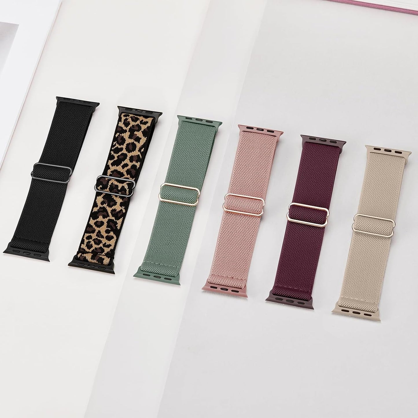 6 Pack Stretchy Nylon Compatible with Apple Watch Band 38Mm 40Mm 41Mm 42Mm 44Mm 45Mm 49Mm Series Ultra 8 7 6 5 4 3 2 1 SE, Adjustable Elastic Sport Replacement Straps Wristbands for Women Men