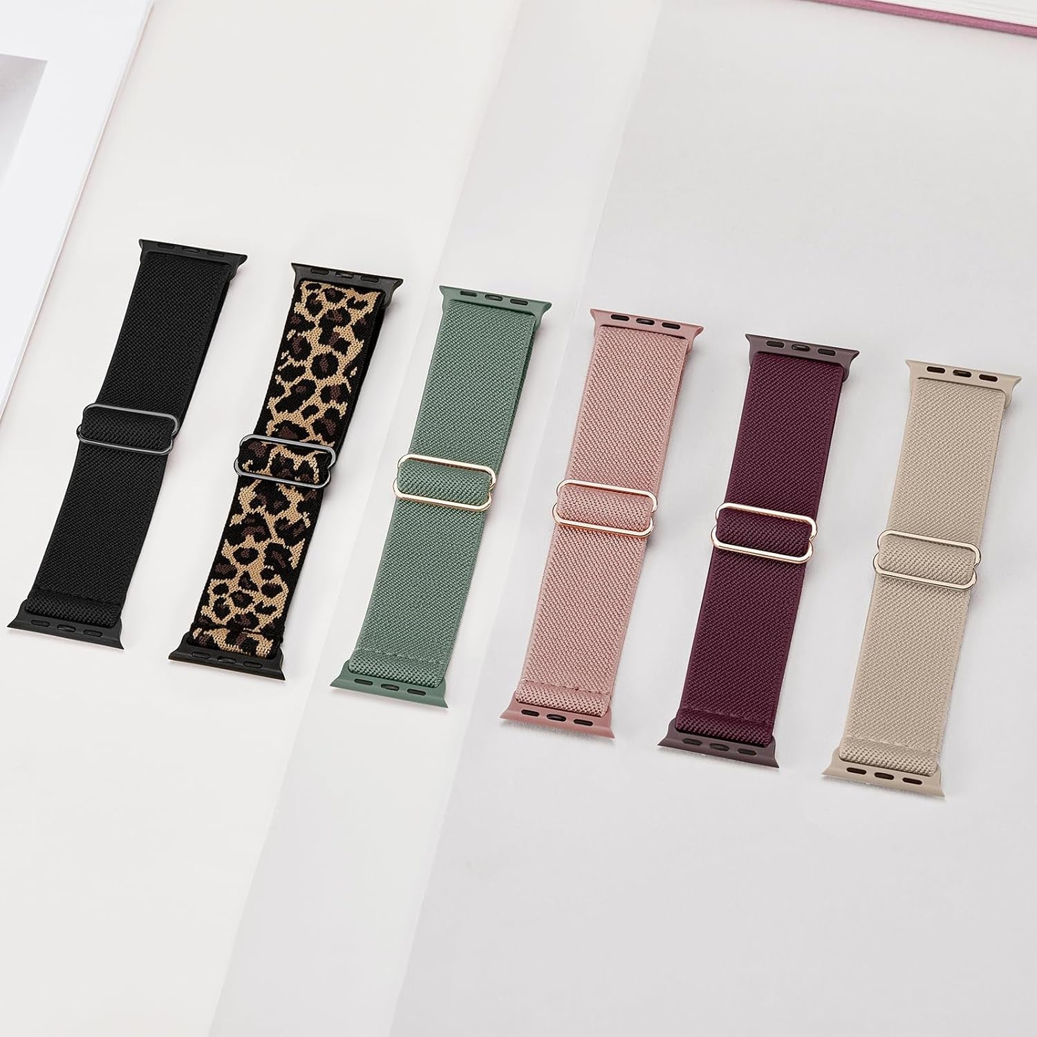 6 Pack Stretchy Nylon Compatible with Apple Watch Band 38Mm 40Mm 41Mm 42Mm 44Mm 45Mm 49Mm Series Ultra 8 7 6 5 4 3 2 1 SE, Adjustable Elastic Sport Replacement Straps Wristbands for Women Men