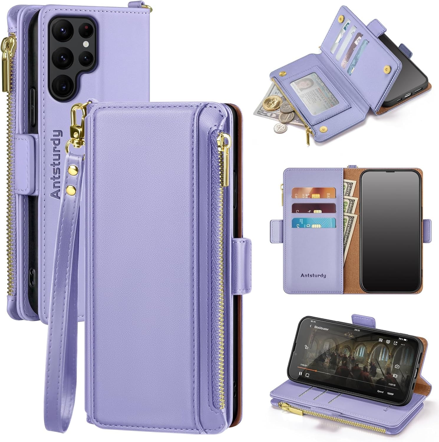 Antsturdy Samsung Galaxy S22 Ultra Wallet with Card Holder for Women Men,Galaxy S22 Ultra 5G Phone Case RFID Blocking PU Leather Flip Shockproof Cover with Strap Zipper Credit Card Slots,Dark Blue