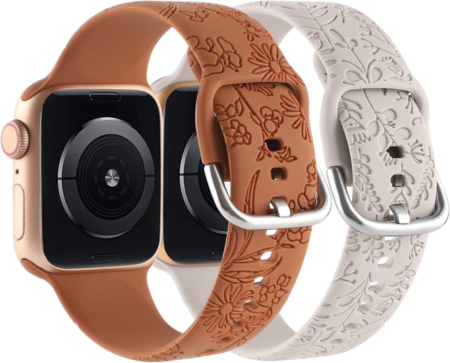 2 Pack Floral Engraved Band Compatible with Apple Watch Bands 38Mm 40Mm 41Mm for Women, Cute Wildflowers Design Soft Silicone Sport Strap Replacement Wristbands for Iwatch Series 9/8/7/SE/6/5/4/3/2/1