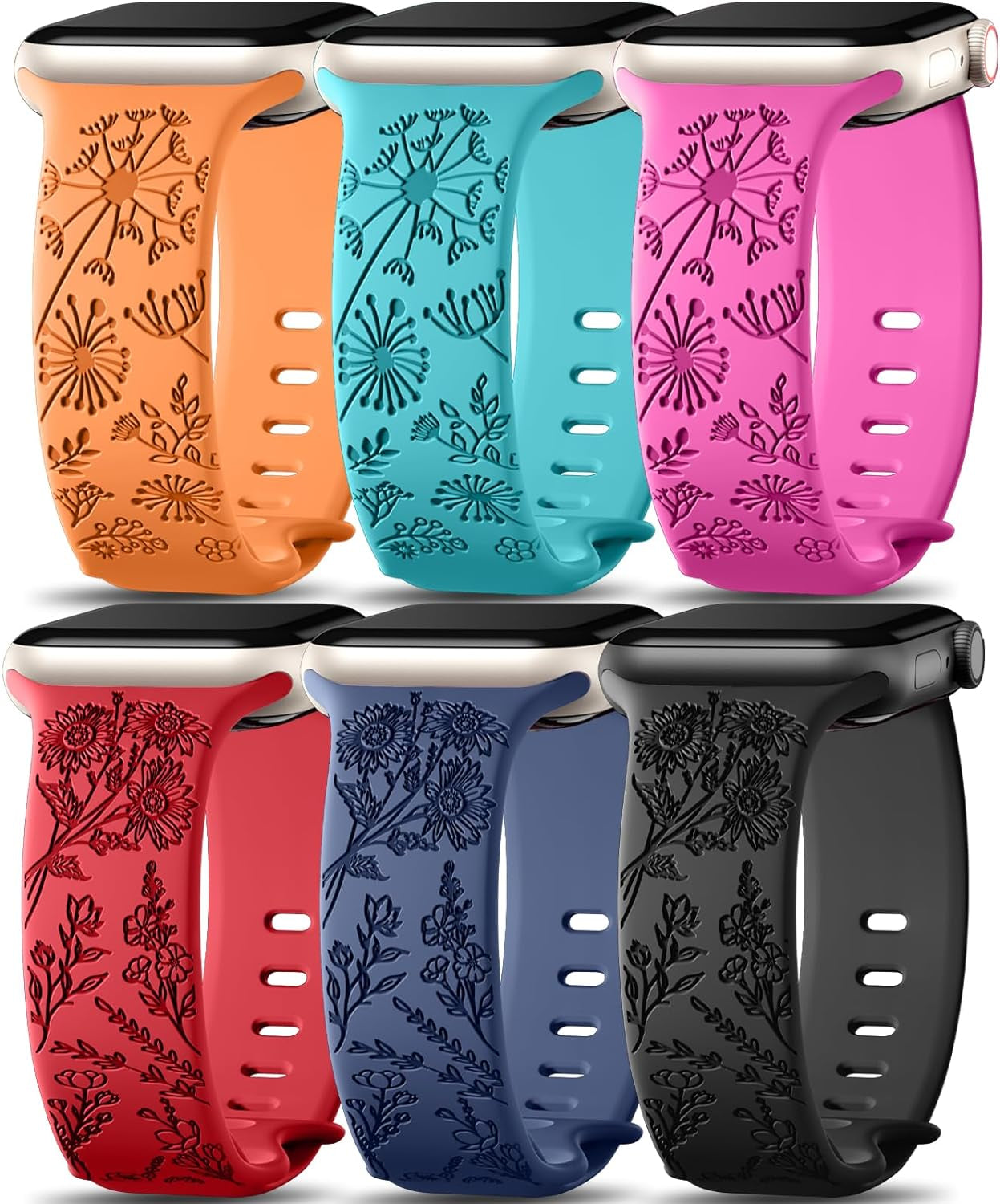 6 Pack Flower Engraved Bands Compatible for Apple Watch Band 40Mm 41Mm 38Mm 42Mm 44Mm 45Mm 49Mm Women,Soft Silicone Cute Wildflowers Sport Laser Strap for Iwatch Bands Series 9 Ultra SE 8 6 5 4 3 2 1