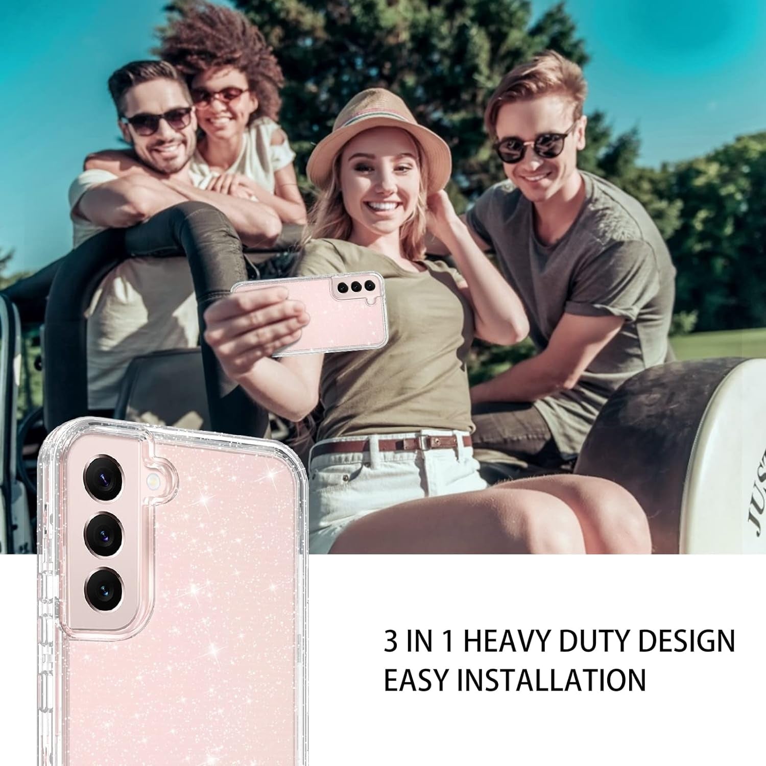 DUEDUE for Samsung Galaxy S22 6.1" 5G Case Glitter Full Body Protective 3 in 1 Heavy Duty Hybrid Hard PC Rugged Shockproof Women Girls Transparent Bling Sparkle Cover Phone Case for Samsung S22, Clear