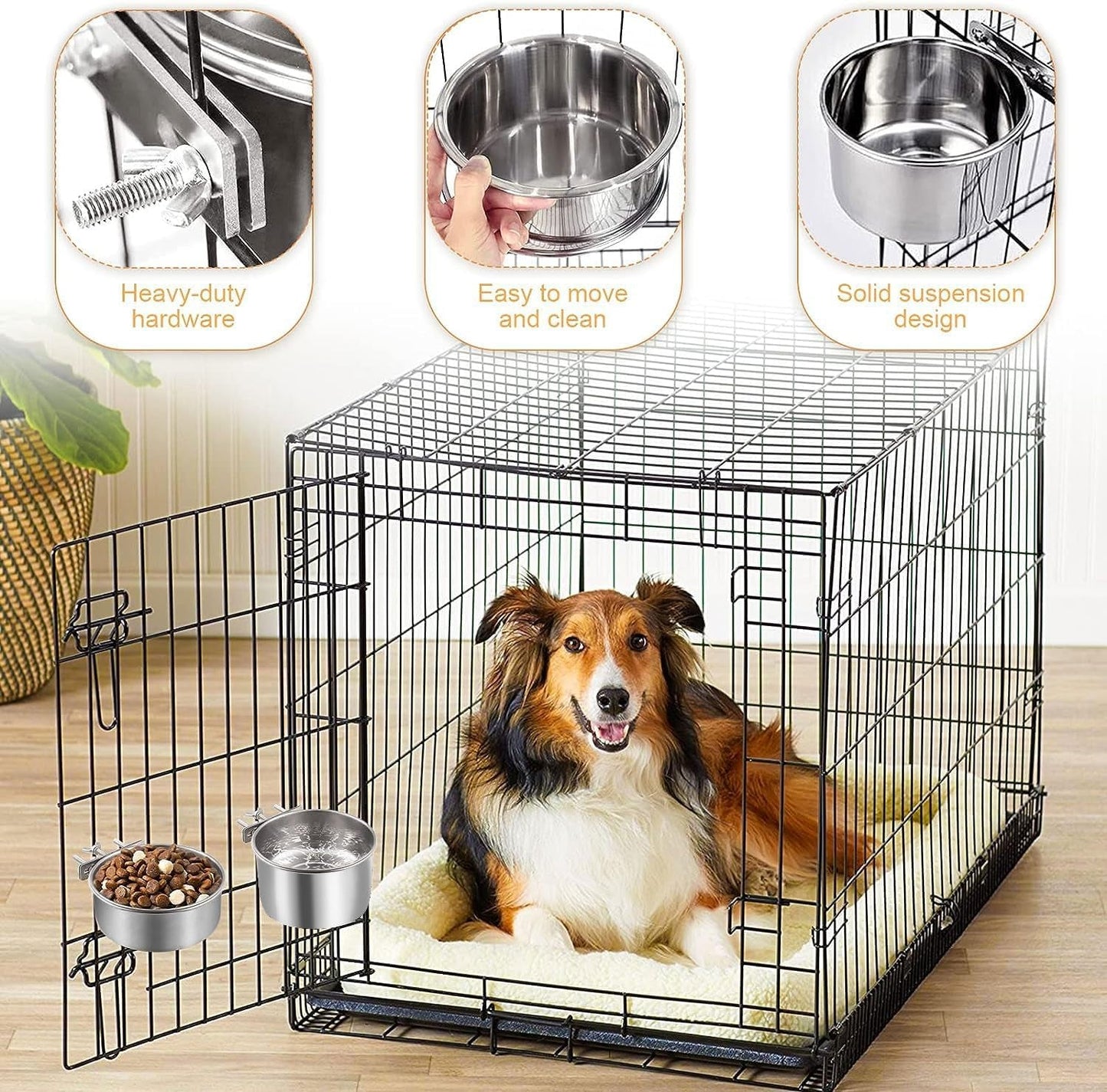2 Pack Dog Water Bowl Crate No Spill Kennel Hanging Cage Food Bowls for Puppy Cat Bunny Stainless Steel Metal Mountable Small&Medium Feeding Dish Wall Mounted Attachable Crates Pet Feeder