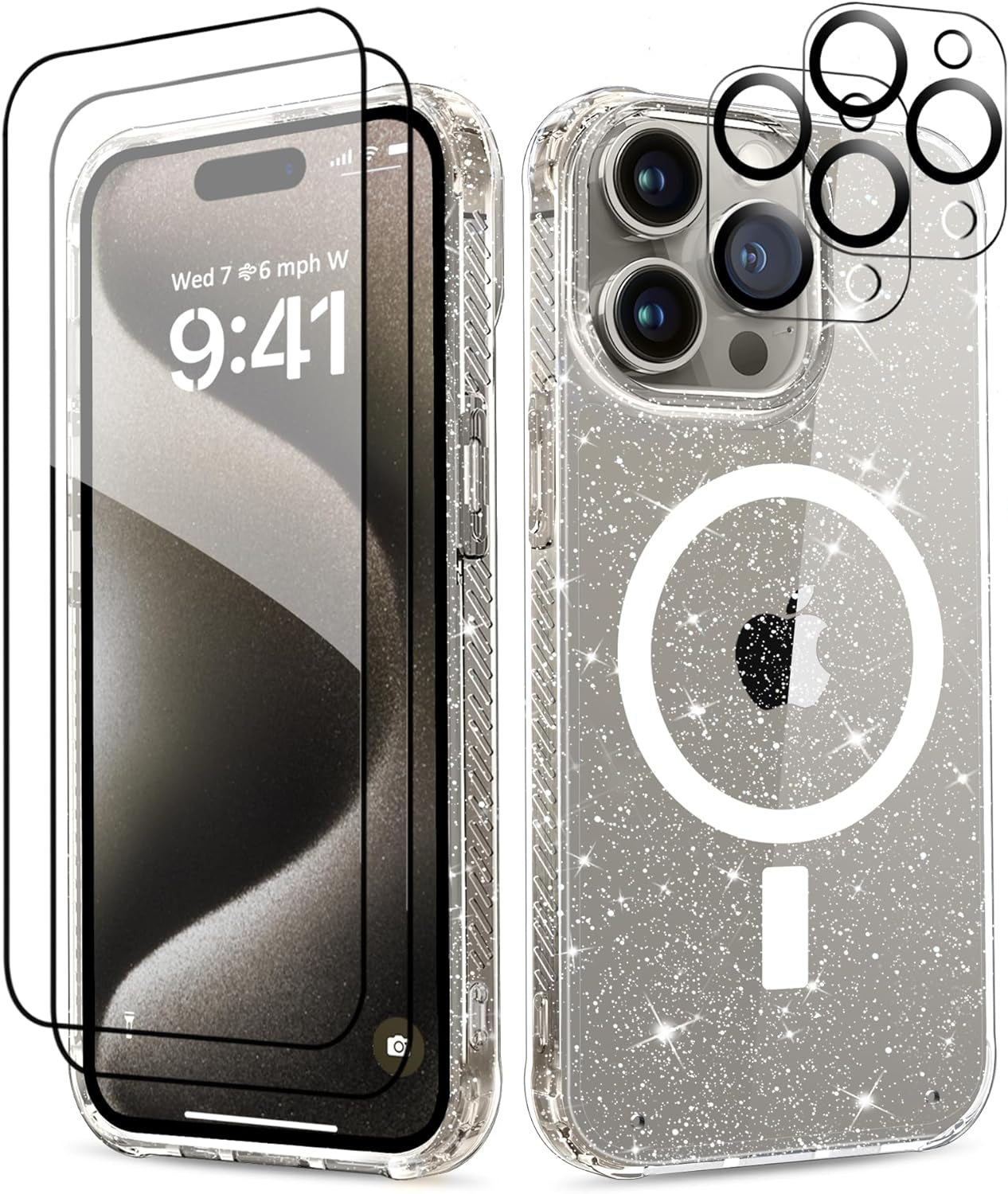 MIODIK Case Compatible with Iphone 15 Pro Clear Glitter, 2Pcs Screen Protector + 2Pcs Camera Protector, Women Cute [Military-Grade Protective] [Anti-Yellowing] Slim Cover 6.1" 2023 (Sparkle Black)  MIODIK Magnetic Clear  