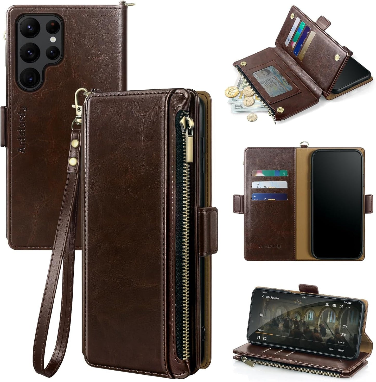 Antsturdy Samsung Galaxy S22 Ultra Wallet with Card Holder for Women Men,Galaxy S22 Ultra 5G Phone Case RFID Blocking PU Leather Flip Shockproof Cover with Strap Zipper Credit Card Slots,Dark Blue