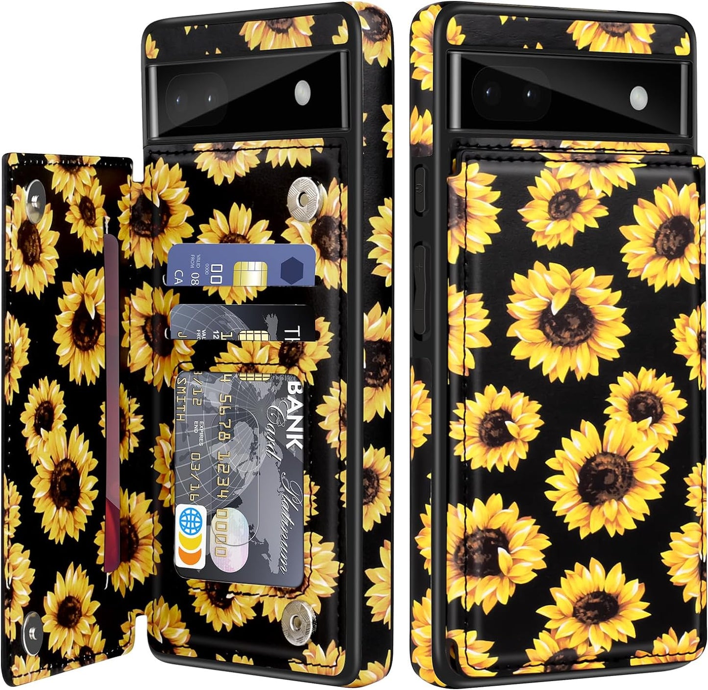 For Google Pixel 6A Case Leather Wallet with Card Holder, Flip Cover Kickstand Card Slots Magnetic Closure Shockproof Heavy Duty Protective Case for Google Pixel 6A 6.1Inch 5G-Rose Gold  Bizzib Floral Sunflower  